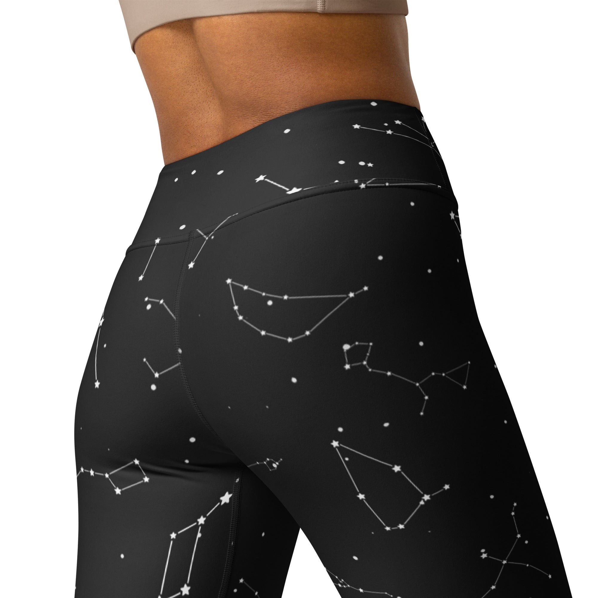 Black high-waisted buttery soft yoga leggings with a white realistic constellation pattern for women
