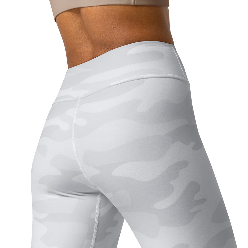 Women’s light gray camouflage high-waisted buttery soft yoga leggings in white and gray pattern