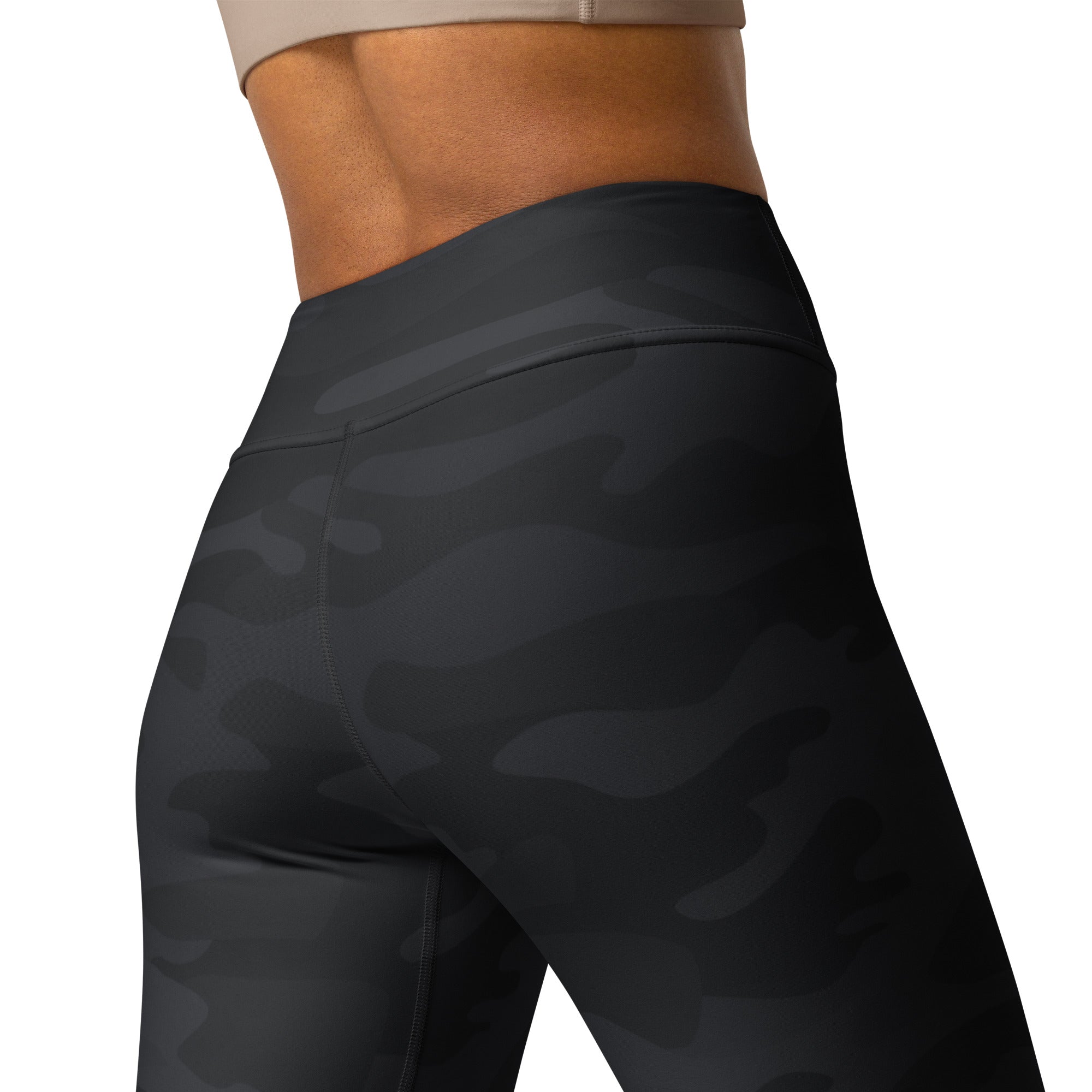 Women’s black and dark gray camouflage high-waisted buttery soft yoga leggings shown from the back side