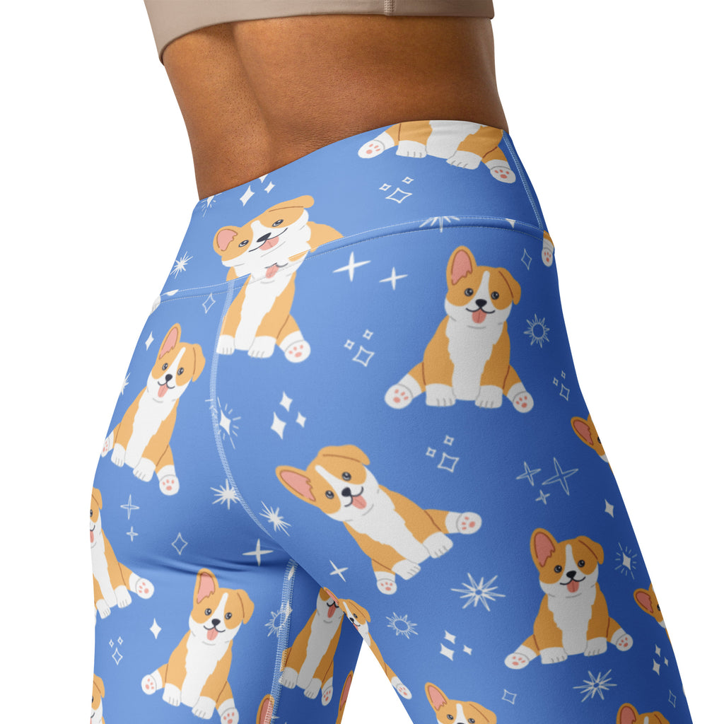 Blue leggings with corgi dog pattern on a white background