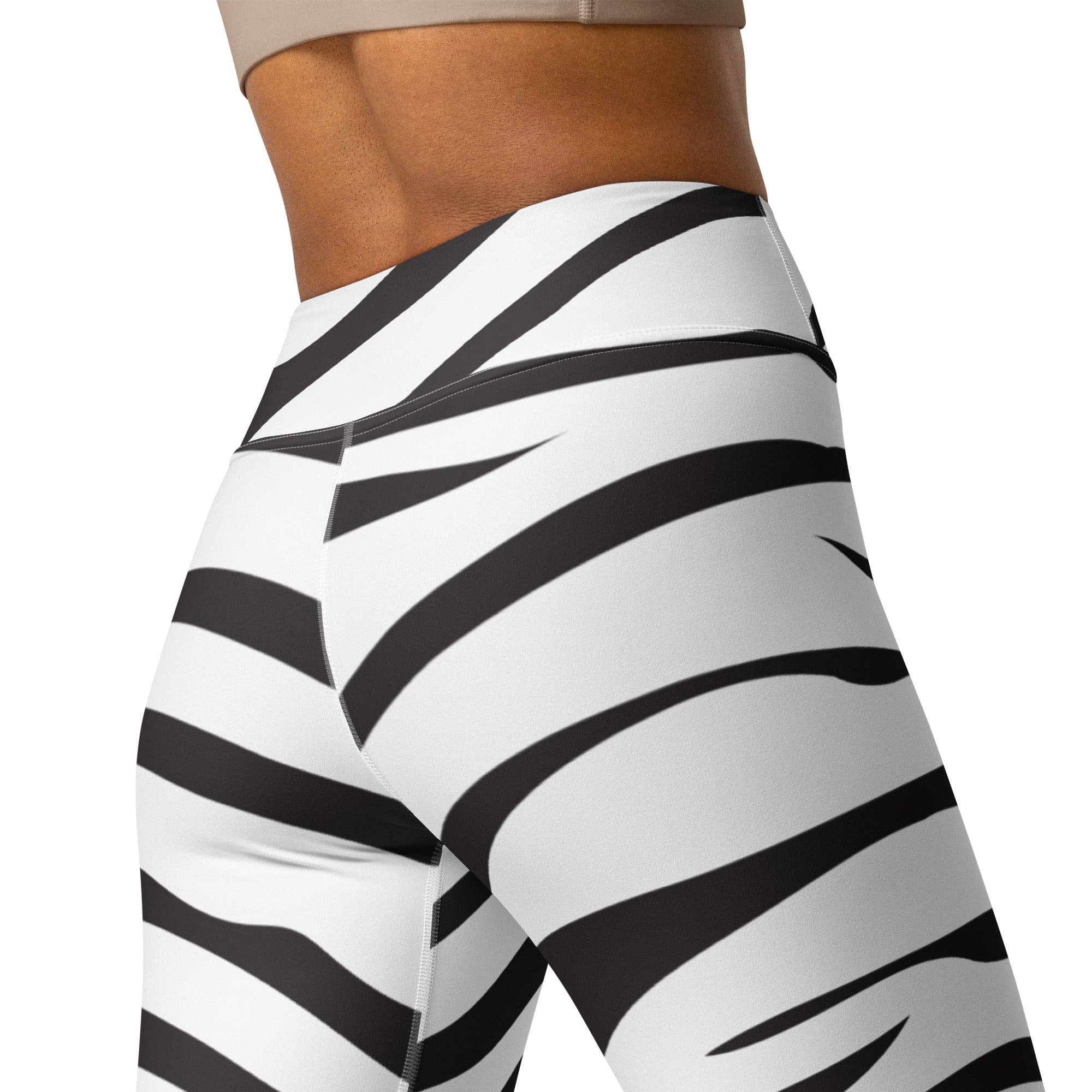High-waisted women’s yoga leggings in bold black and white zebra print buttery soft fabric