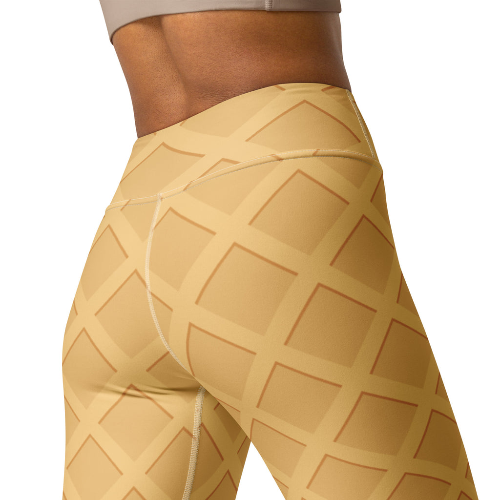 Beige high-waisted waffle cone pattern buttery soft yoga leggings for women made from soft material