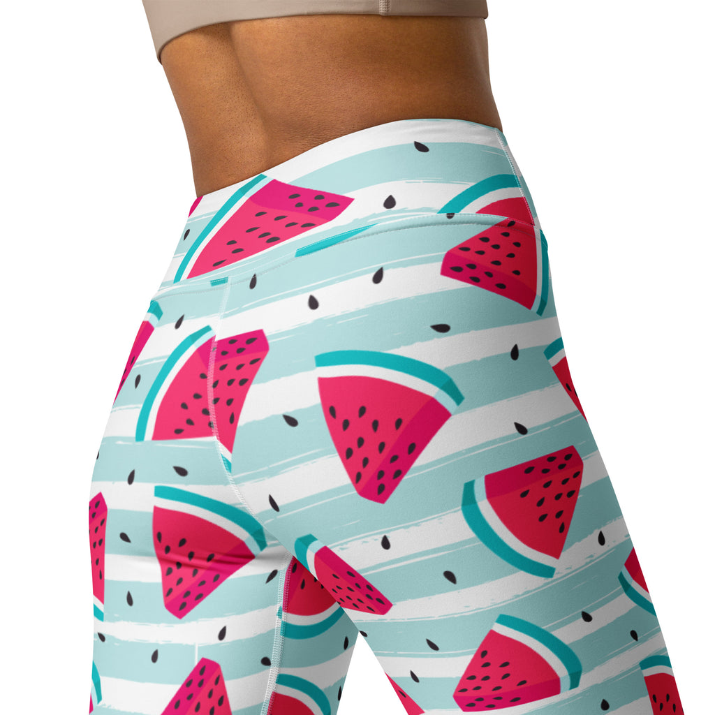 Women’s watermelon print buttery soft yoga leggings in vibrant pink teal and white with stretchy high-waisted design