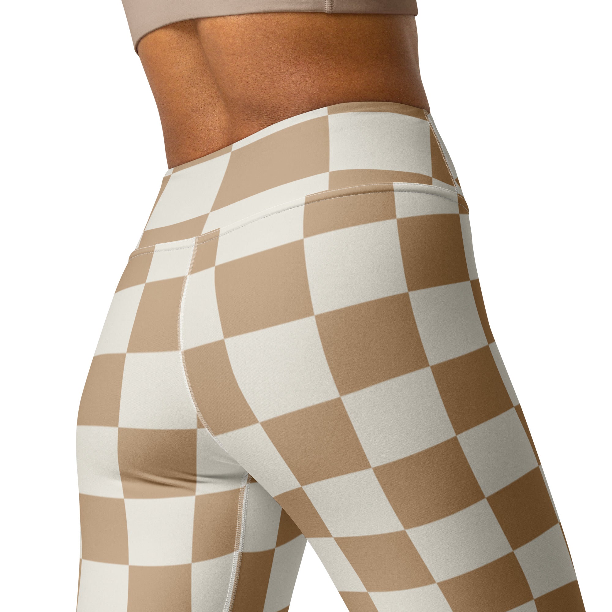 Women’s tan checkerboard buttery soft high-waisted yoga leggings in beige and white checkered pattern