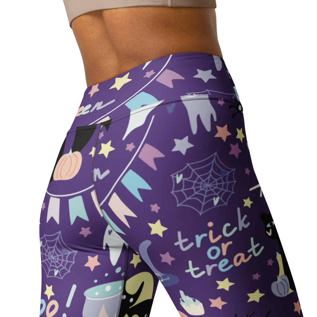 Women’s spooky halloween buttery soft purple yoga leggings with pumpkins spiders stars and trick or treat designs
