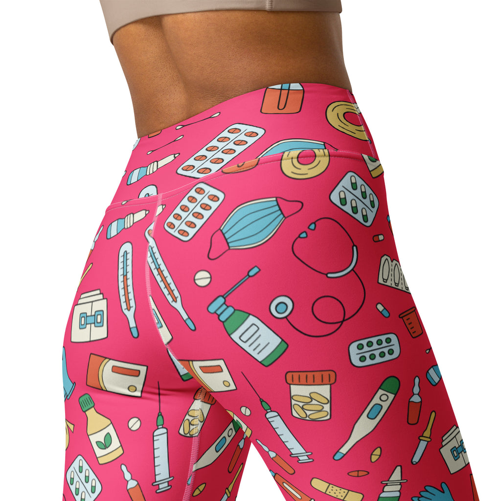 Women’s nurse themed buttery soft pink high waisted leggings with pastel medical illustrations for yoga