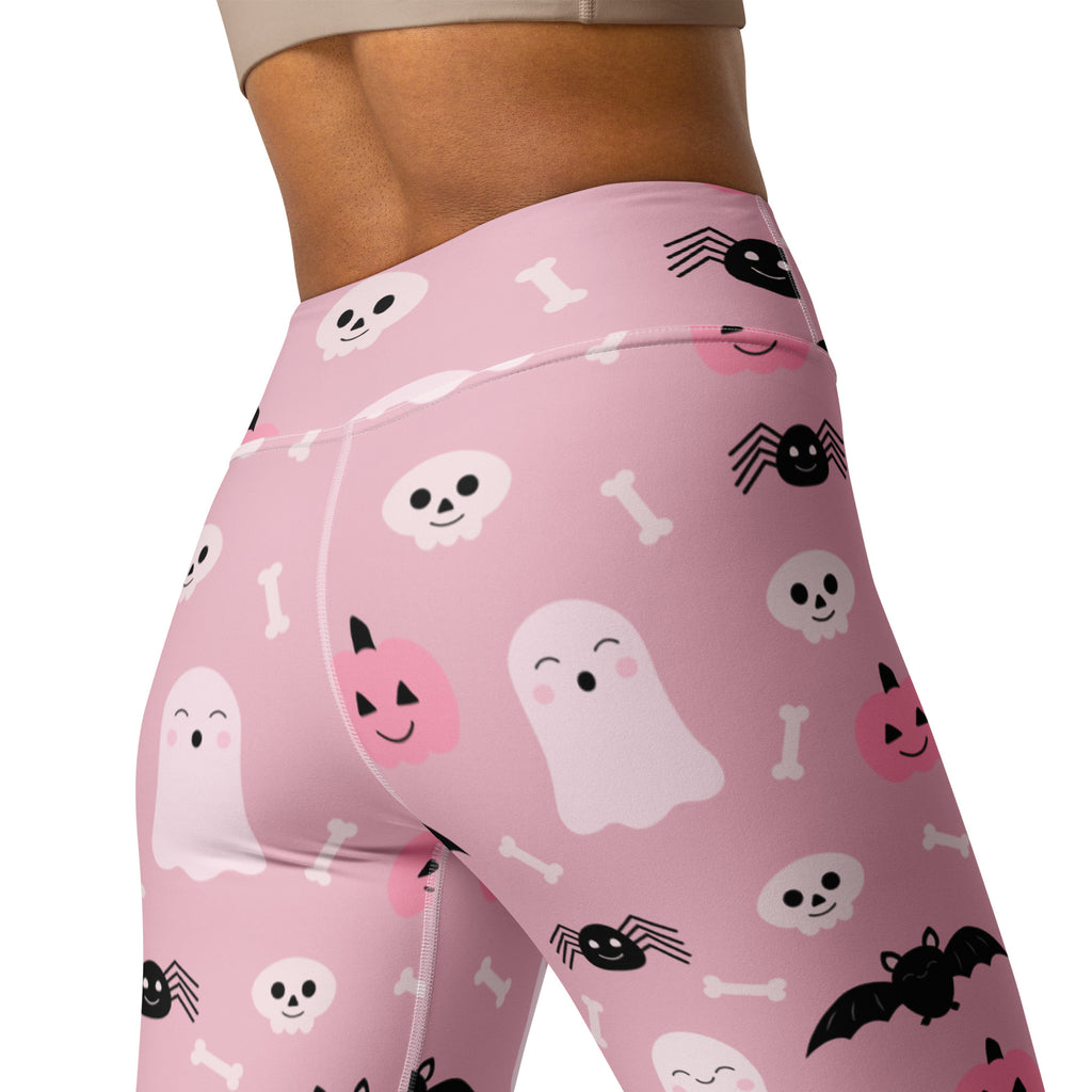 Women’s cute ghost and bats pink halloween buttery soft high-waisted leggings with black and white cartoon prints