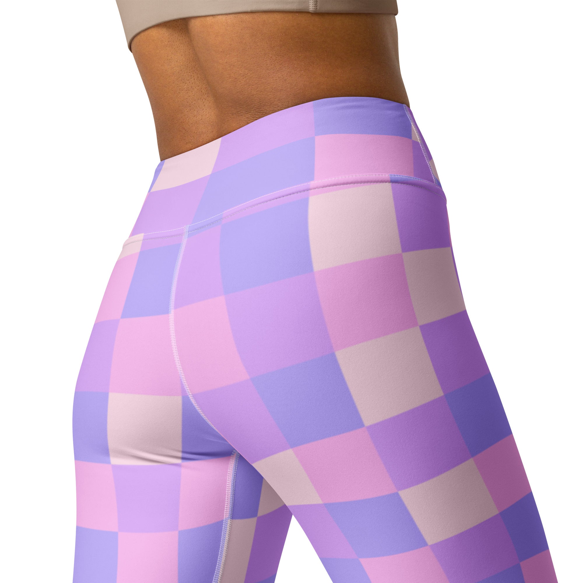 Women’s purple and pink checkered high-waisted buttery soft yoga leggings showcasing the back side