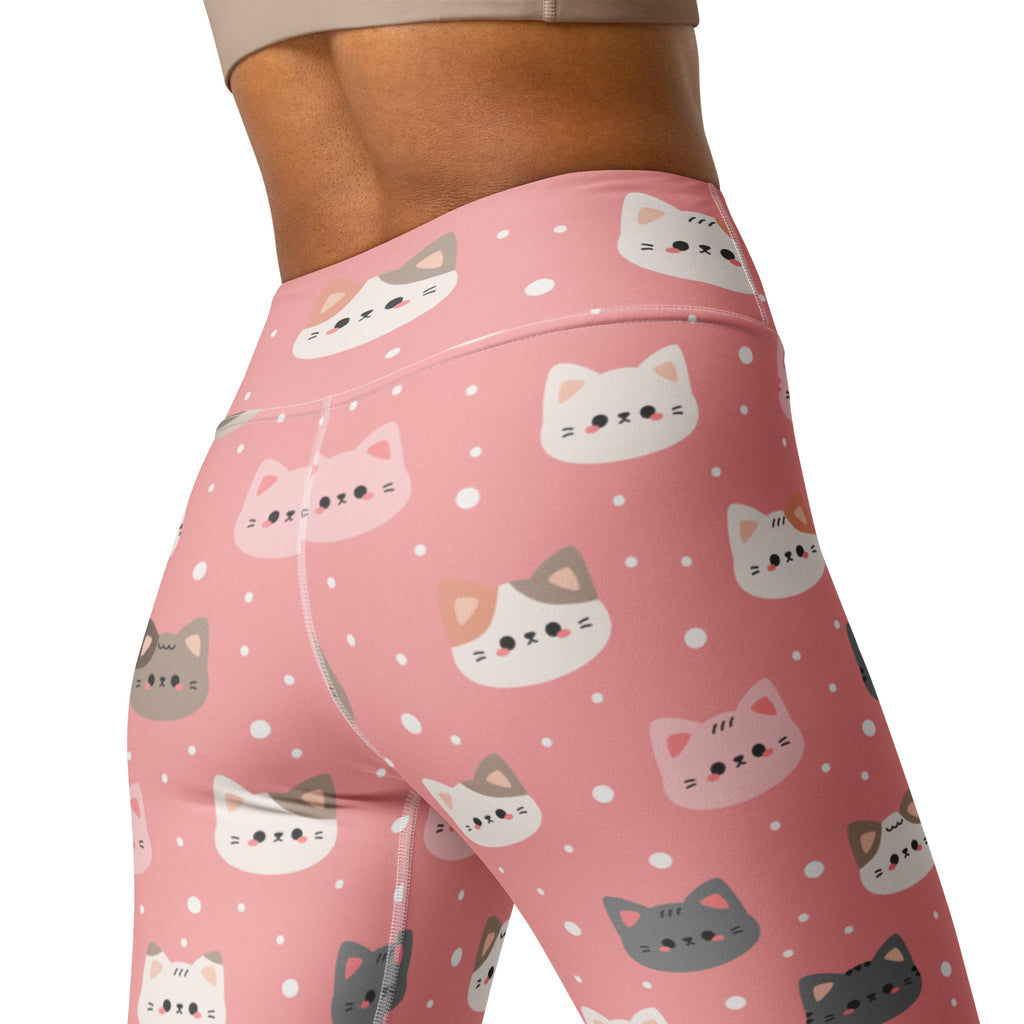 Women’s cute pink cat faces buttery soft yoga leggings featuring white and gray cartoon cat faces with polka dots