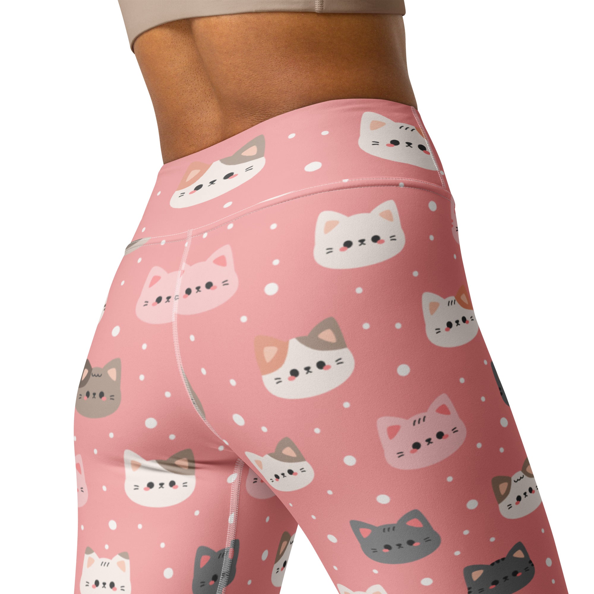 Women’s cute pink cat faces buttery soft yoga leggings featuring white and gray cartoon cat faces with polka dots