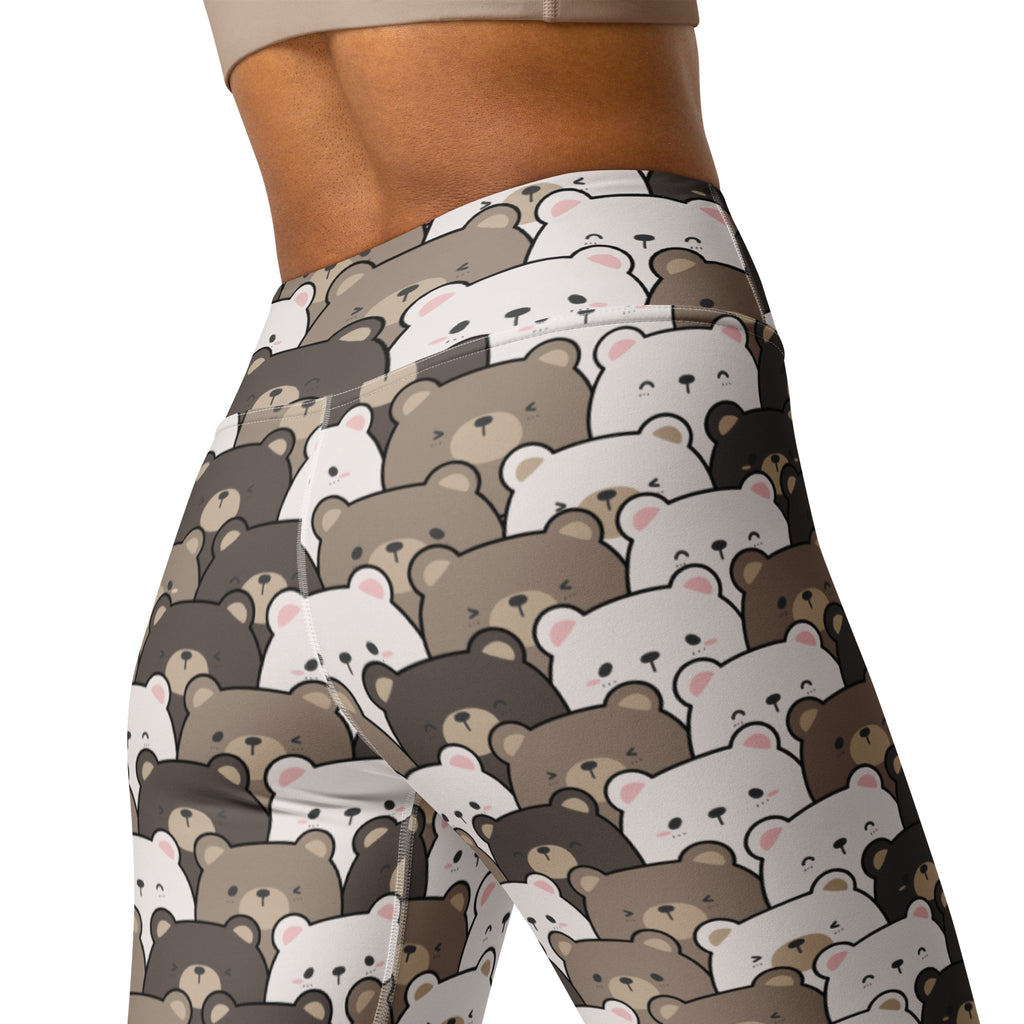 Women’s bear face buttery soft high-waisted leggings with playful cartoon bear pattern in white beige and brown