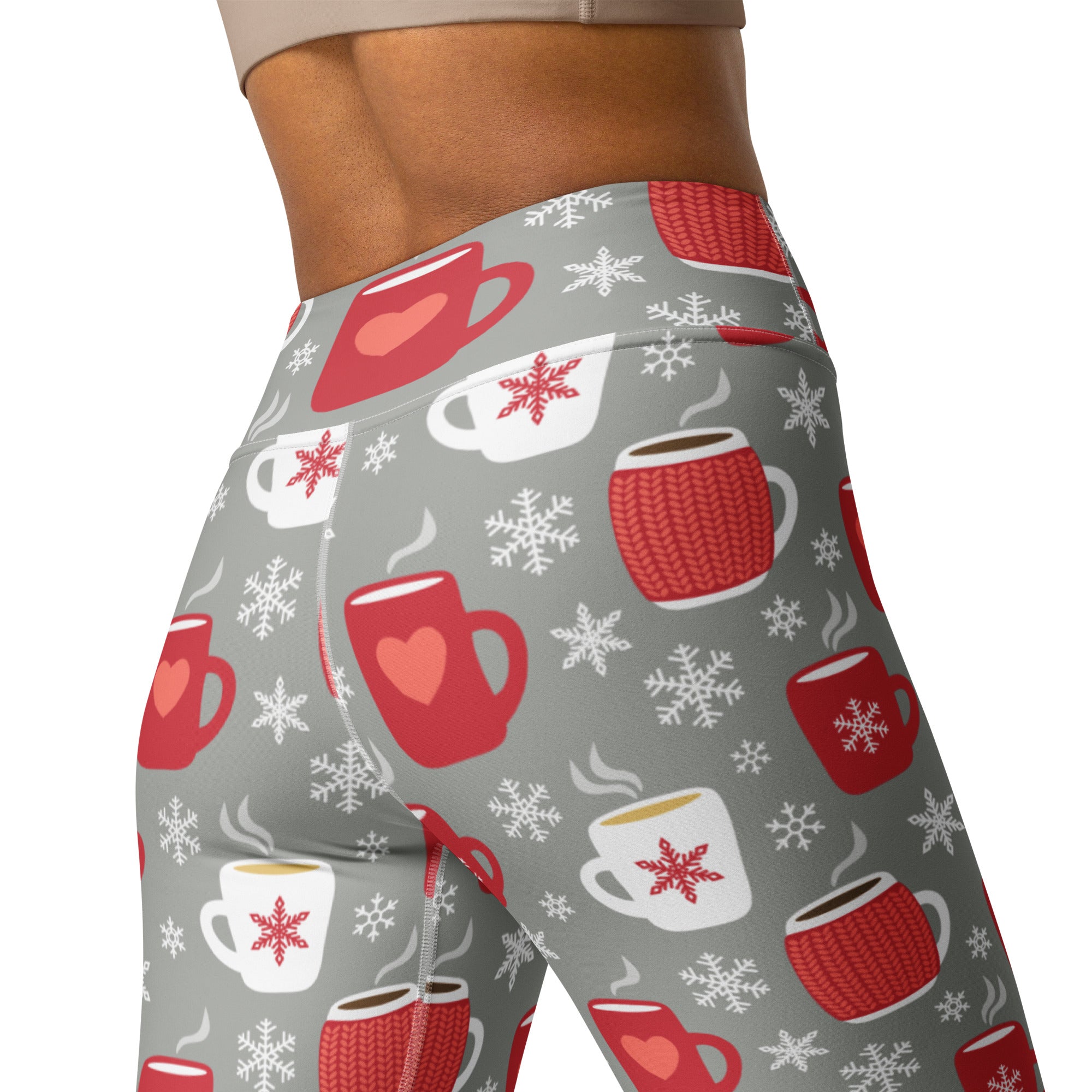 Women’s buttery soft gray yoga leggings with festive red and white coffee mugs hearts and snowflakes pattern