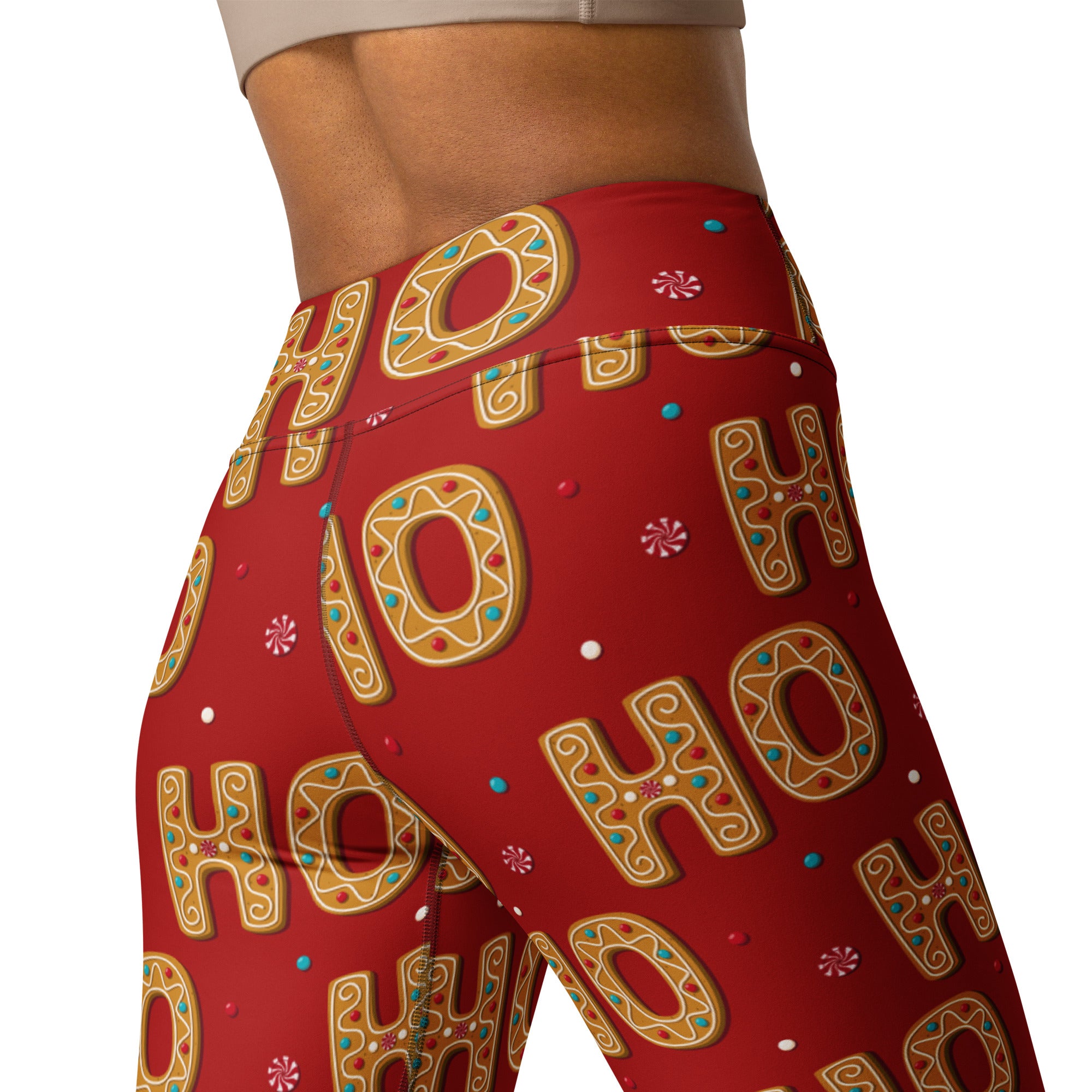 Red high-waisted buttery soft yoga leggings with festive gingerbread ho ho ho pattern candy cane and peppermint accents