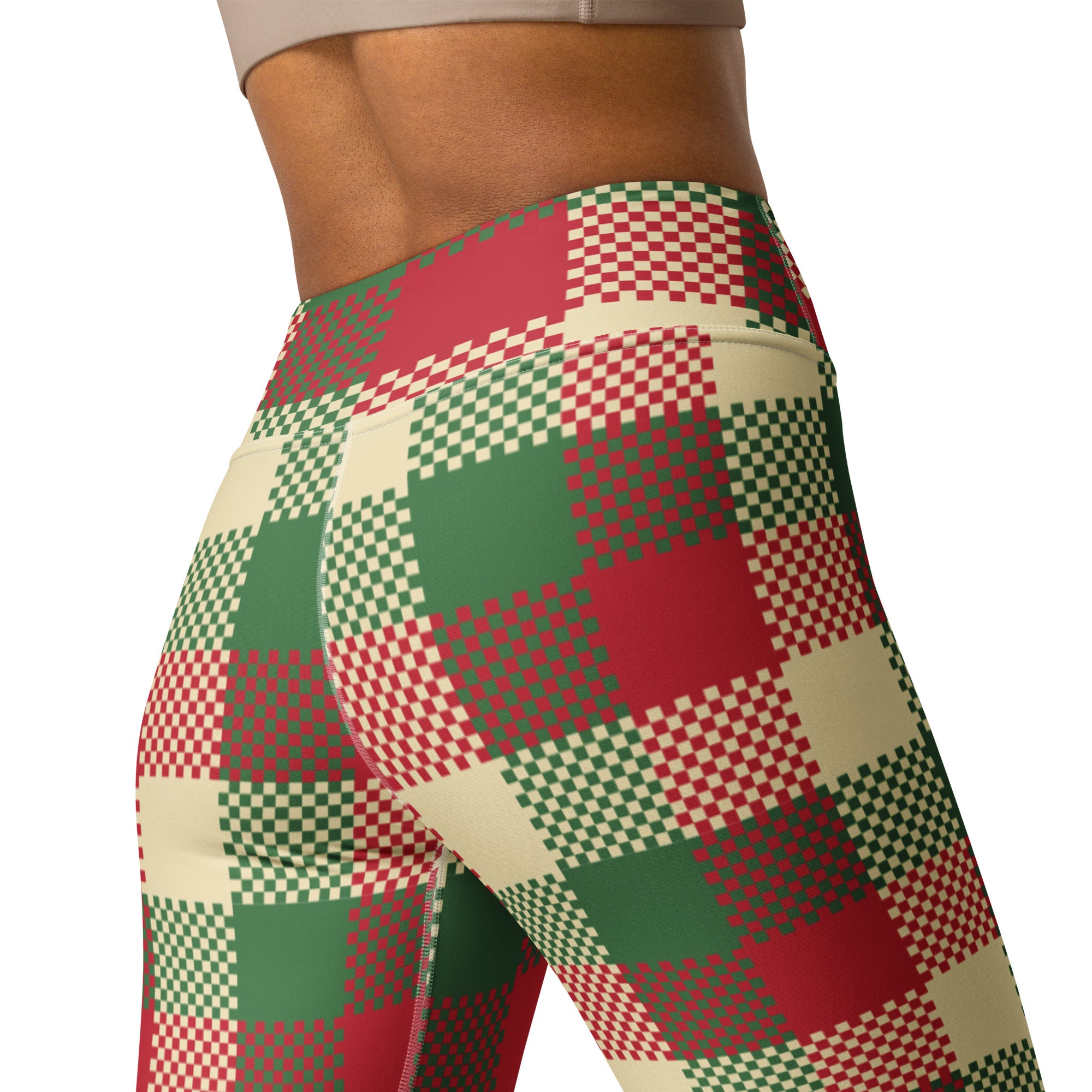 Women’s buttery soft yoga leggings in red green and cream plaid with a pixelated checkered pattern