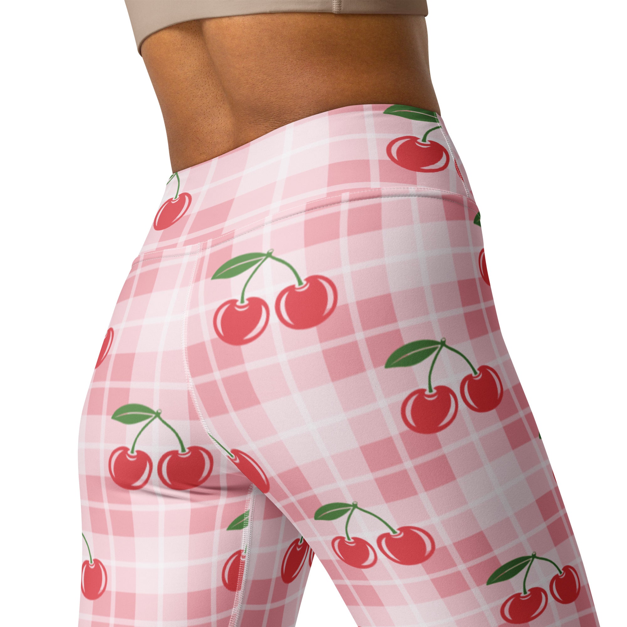 Women’s pink gingham cherry buttery soft high-waisted leggings with playful red cherry print and green stems