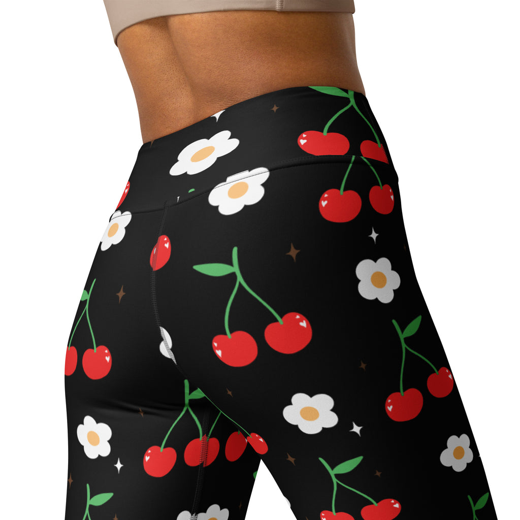 Women’s black cherry blossom buttery soft yoga leggings with high waist and red cherry and white daisy pattern