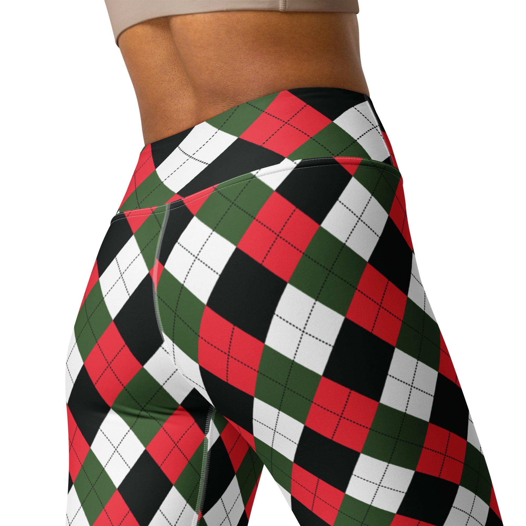 Women’s argyle christmas buttery soft high-waisted yoga leggings with red green and black pattern