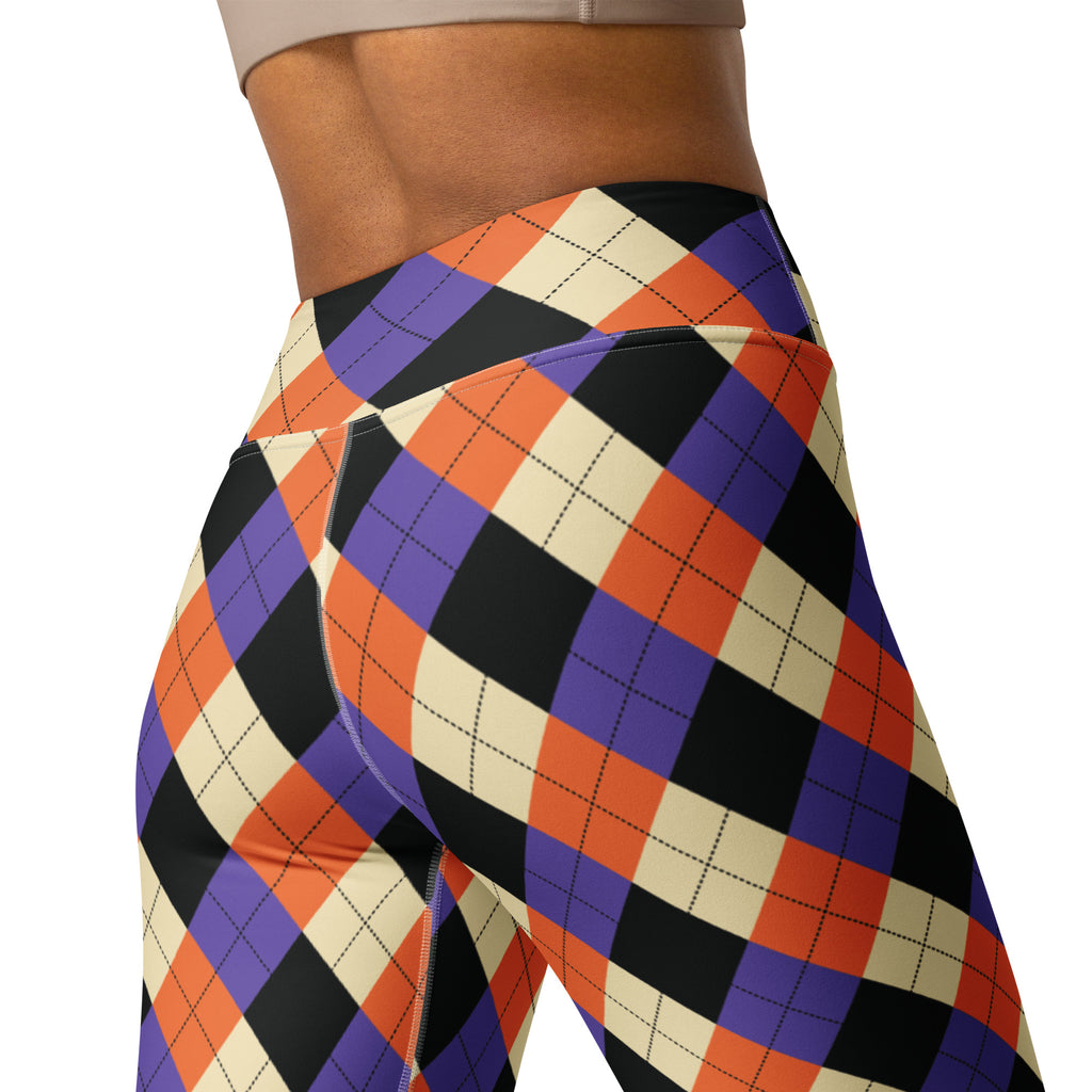 High-waisted women’s Halloween argyle buttery soft yoga leggings in orange purple black and cream colors
