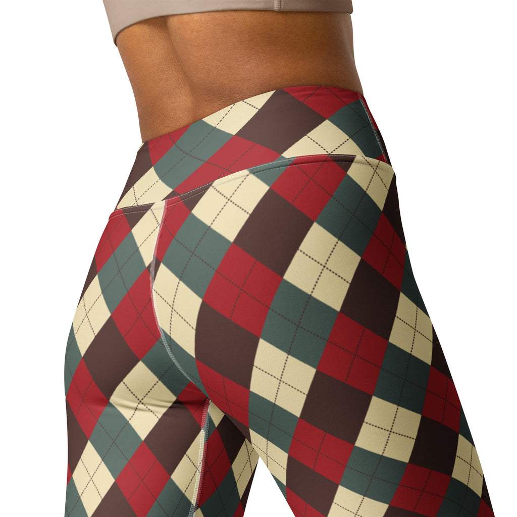 Women’s christmas themed argyle buttery soft high waisted leggings in red green and cream for yoga and casual wear