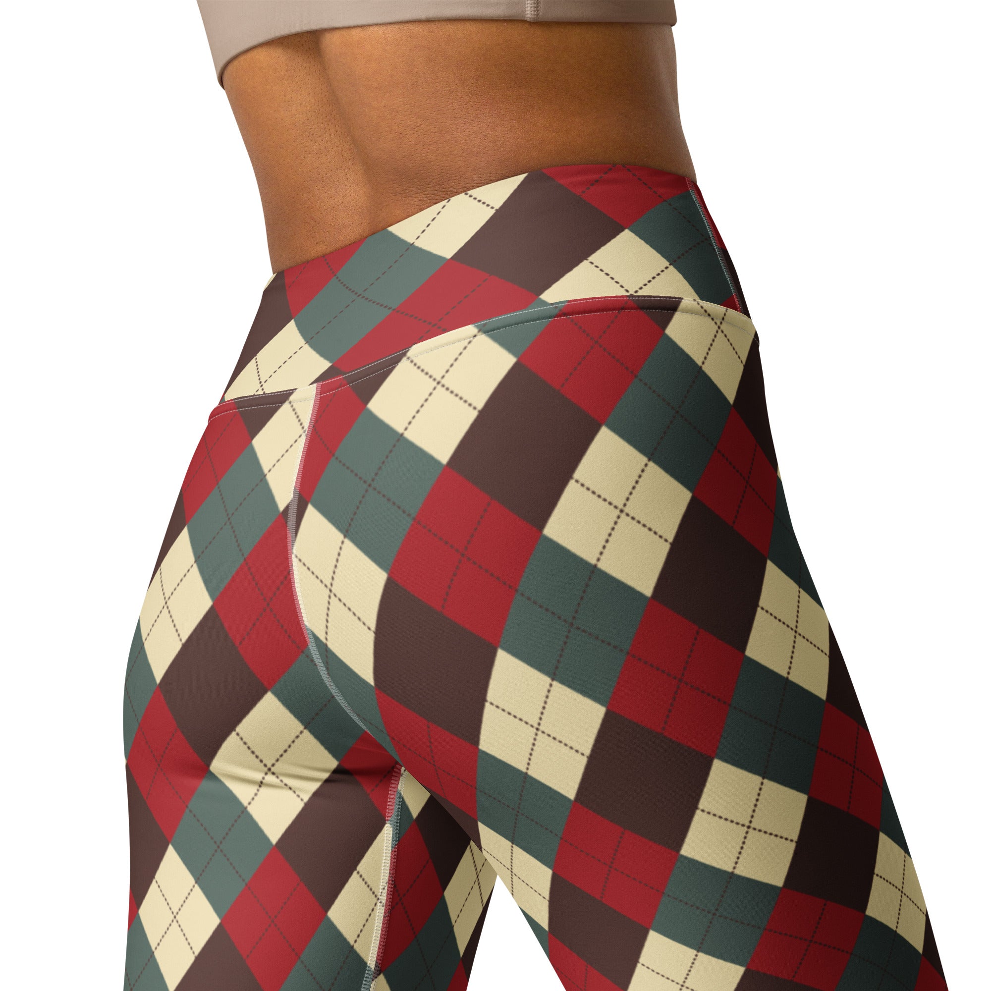 Women’s christmas themed argyle buttery soft high waisted leggings in red green and cream for yoga and casual wear
