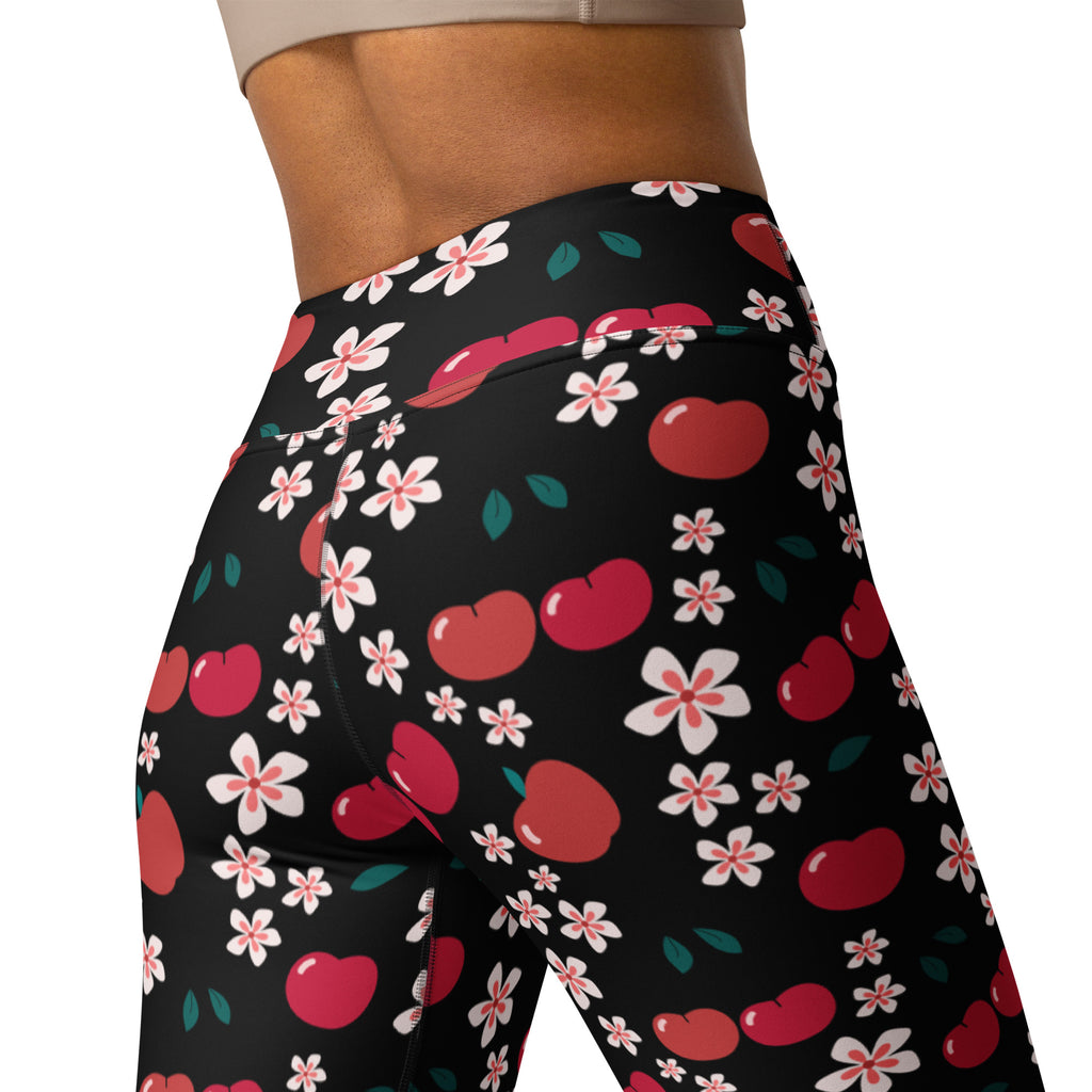 Women’s Apple Blossom buttery soft black high-waisted yoga leggings with red cherries white blossoms and green leaves pattern