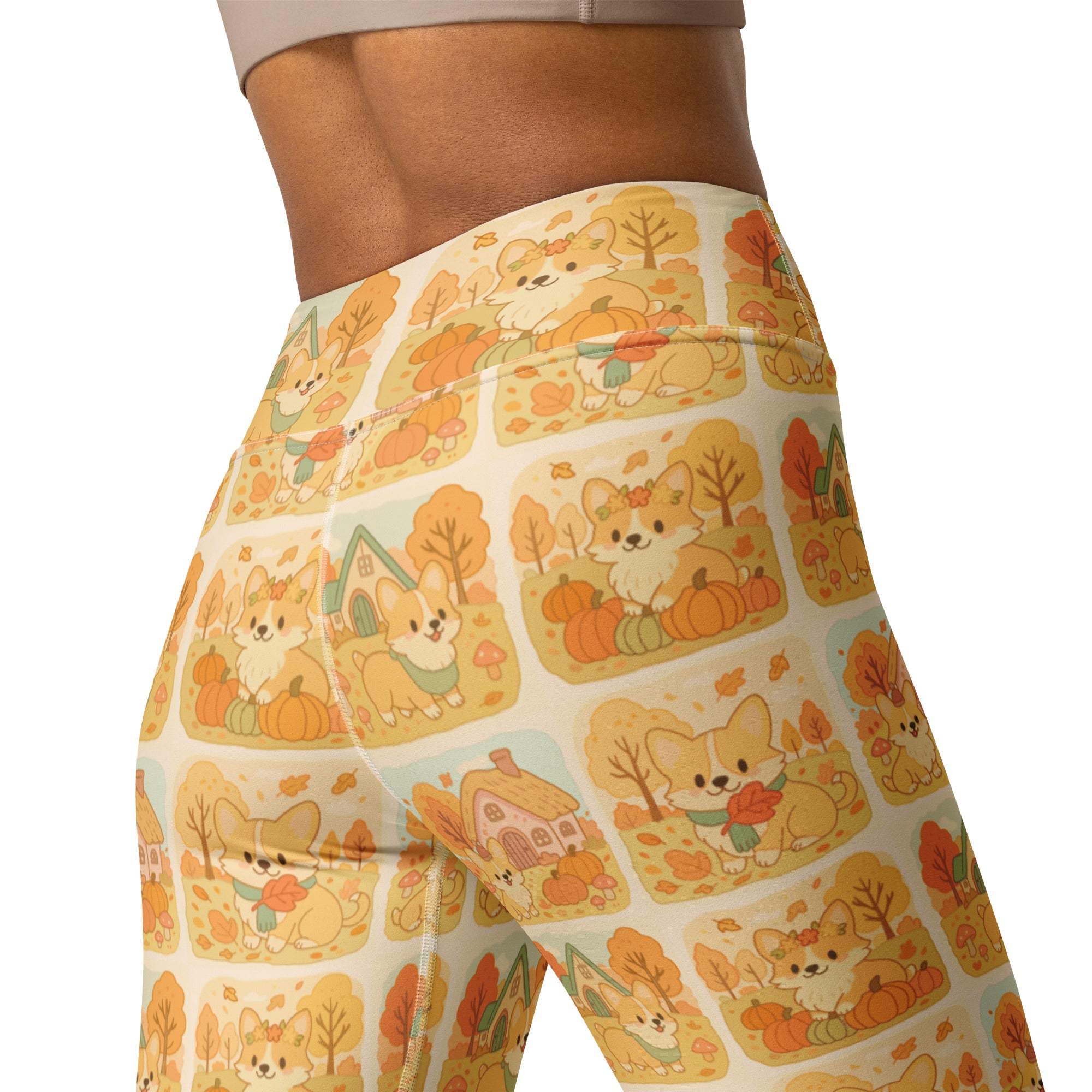 Cream-colored high-waisted buttery soft yoga leggings with cute corgi and autumn pumpkin pattern for women