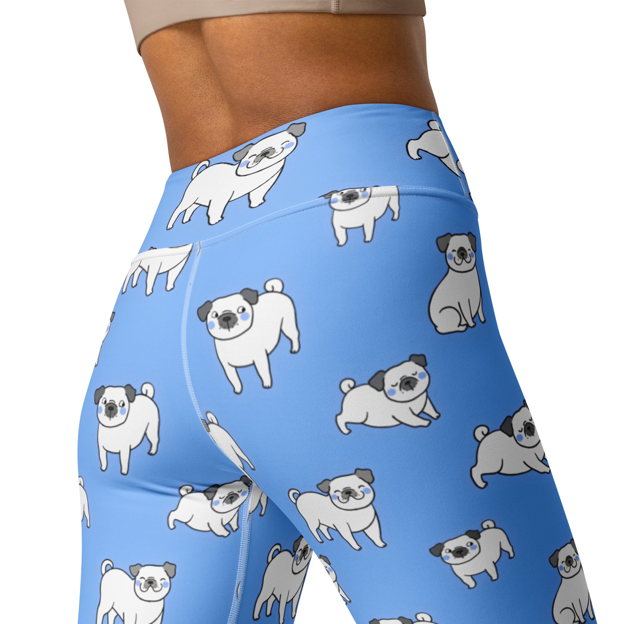 Women’s blue pug buttery soft high-waisted leggings with playful white and gray cartoon pug pattern