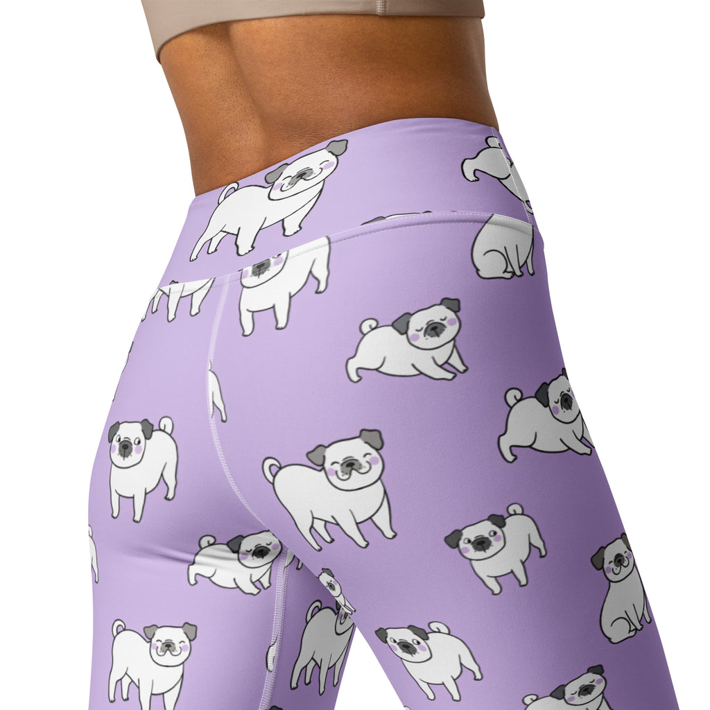 Women’s purple high-waisted buttery soft yoga leggings with a playful pattern of white and gray cartoon pugs