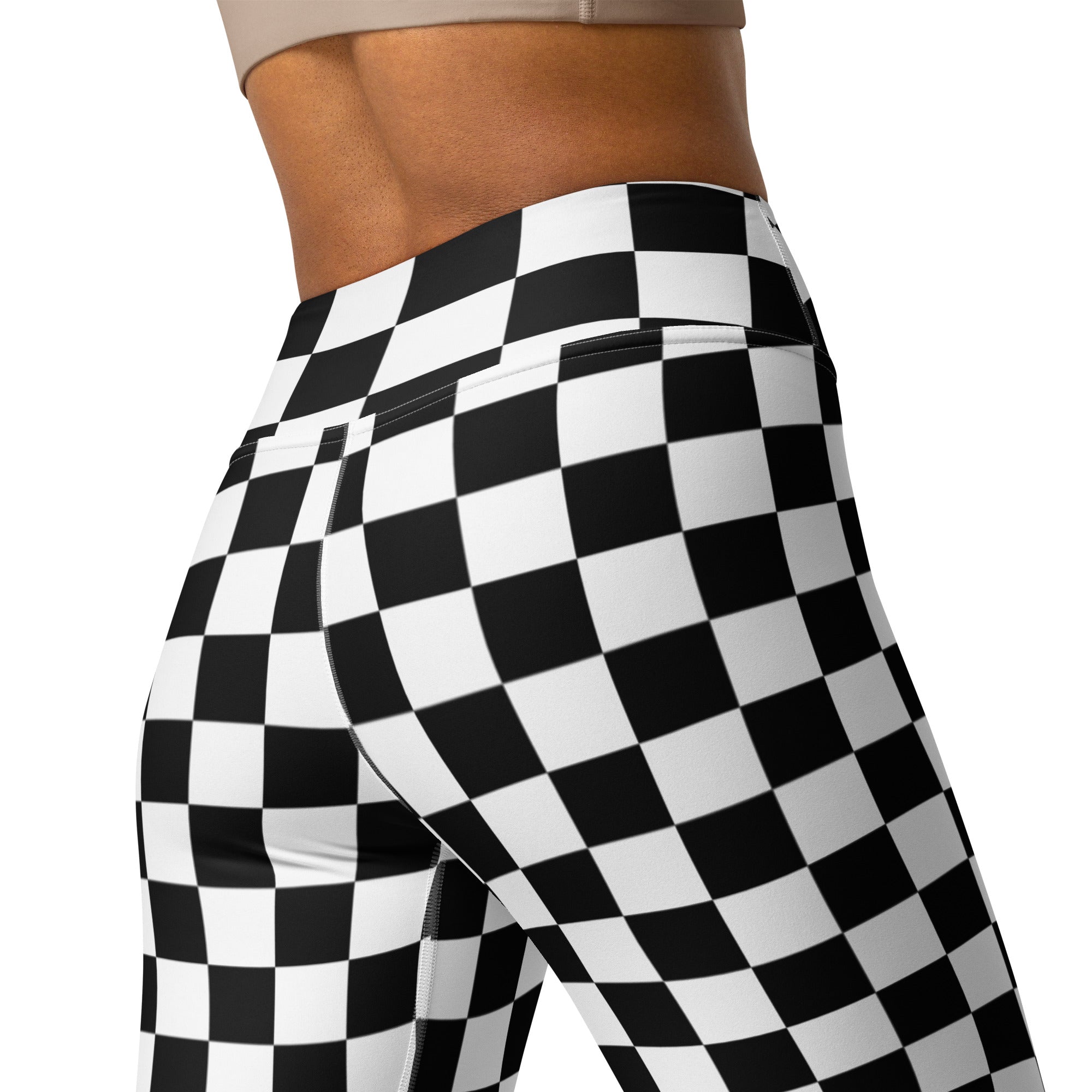 Women’s checkerboard buttery soft high waisted yoga leggings in black and white checkered pattern front view