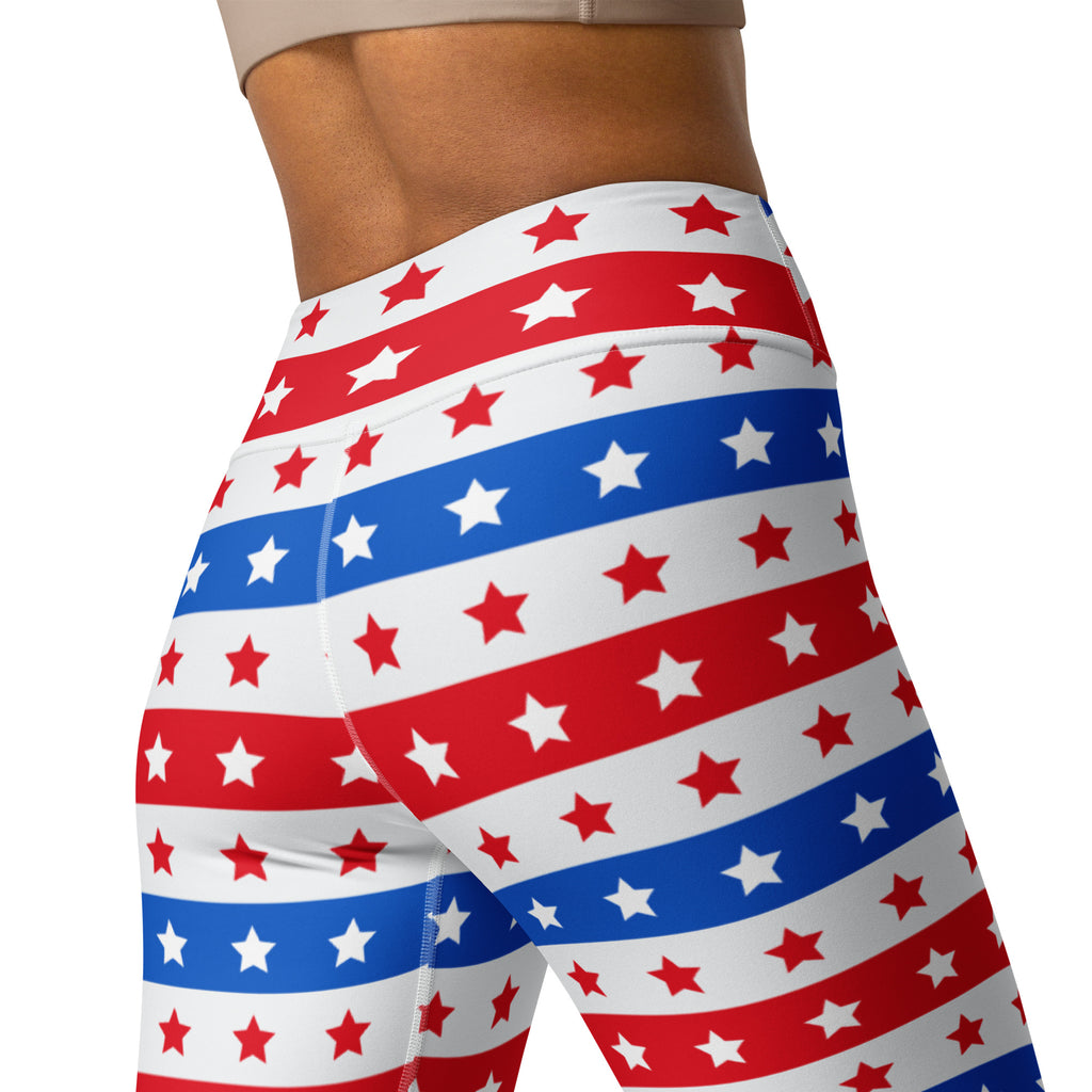 High-waisted women’s usa stars and stripes buttery soft yoga leggings with bold red white and blue stripes and stars