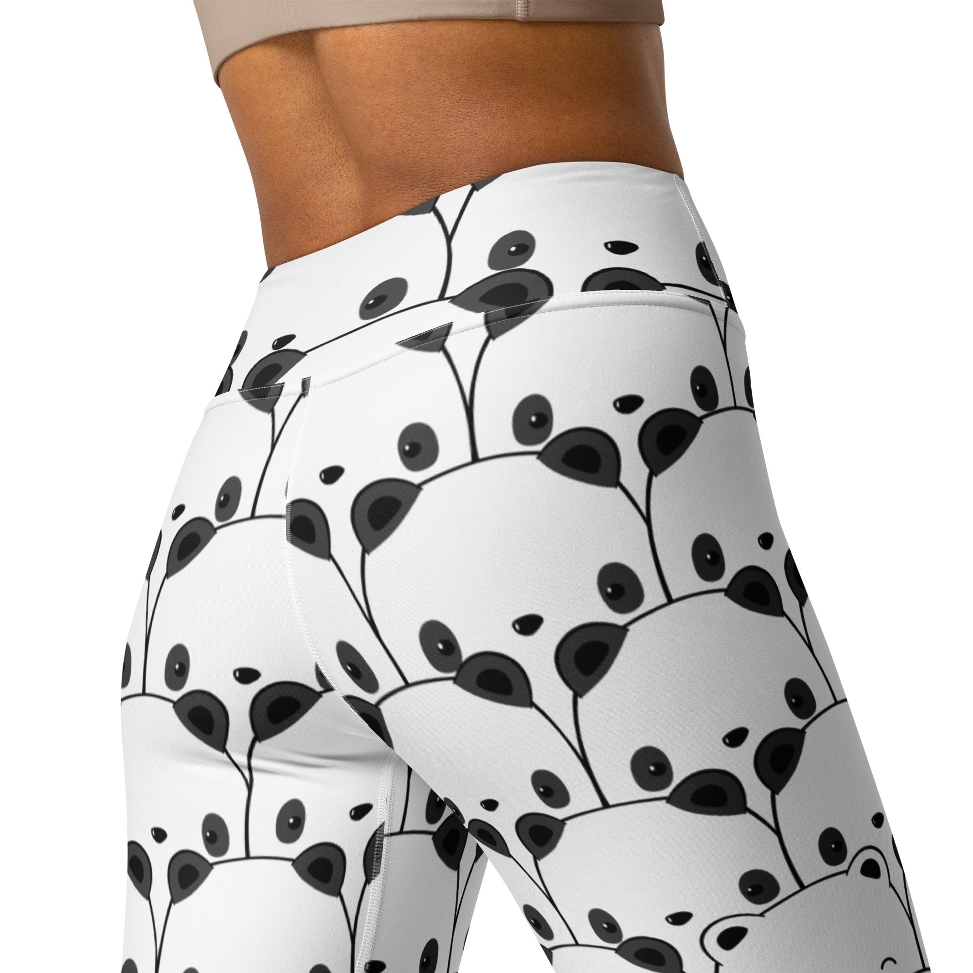White high-waisted women’s panda buttery soft yoga leggings with playful black panda face pattern