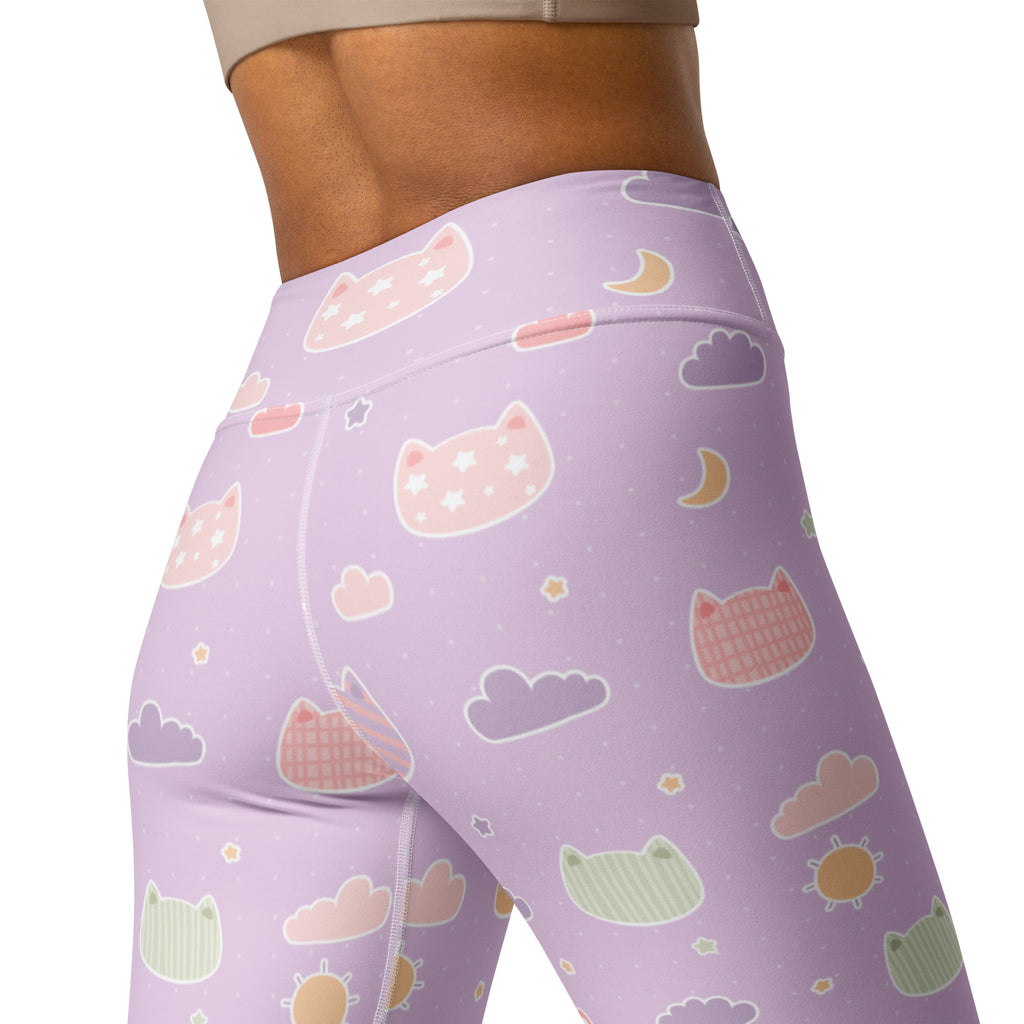 Women’s pastel purple high-waisted buttery soft yoga leggings with kawaii cats clouds moons and stars pattern