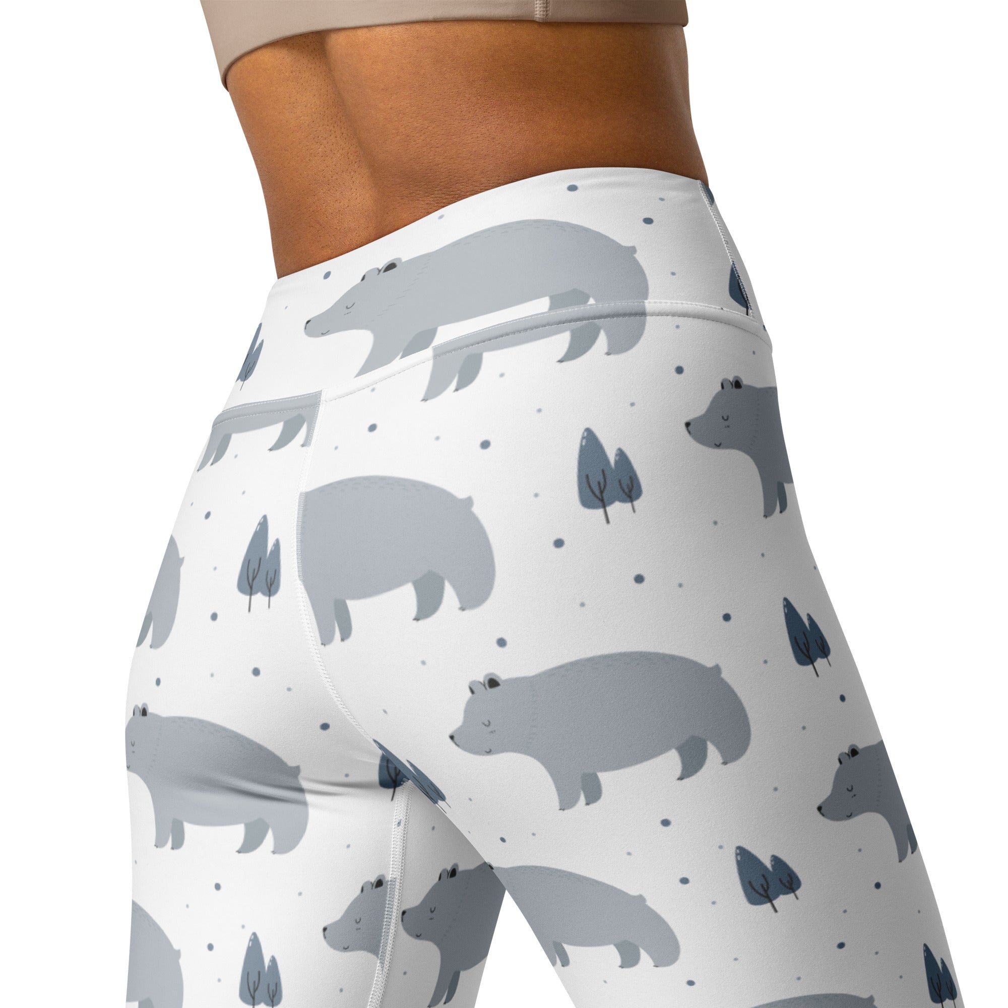 Women’s gray bear buttery soft white high-waisted leggings with playful gray bears and dark blue trees pattern