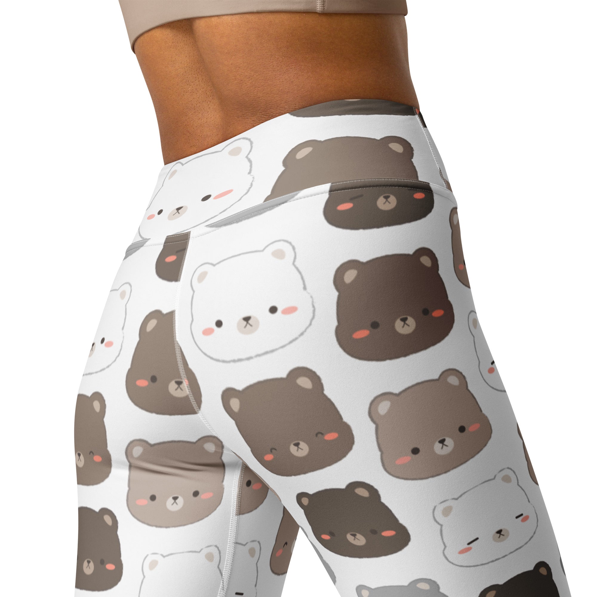 White high-waisted buttery soft yoga leggings with a playful pattern of cartoon bears in brown and white shades