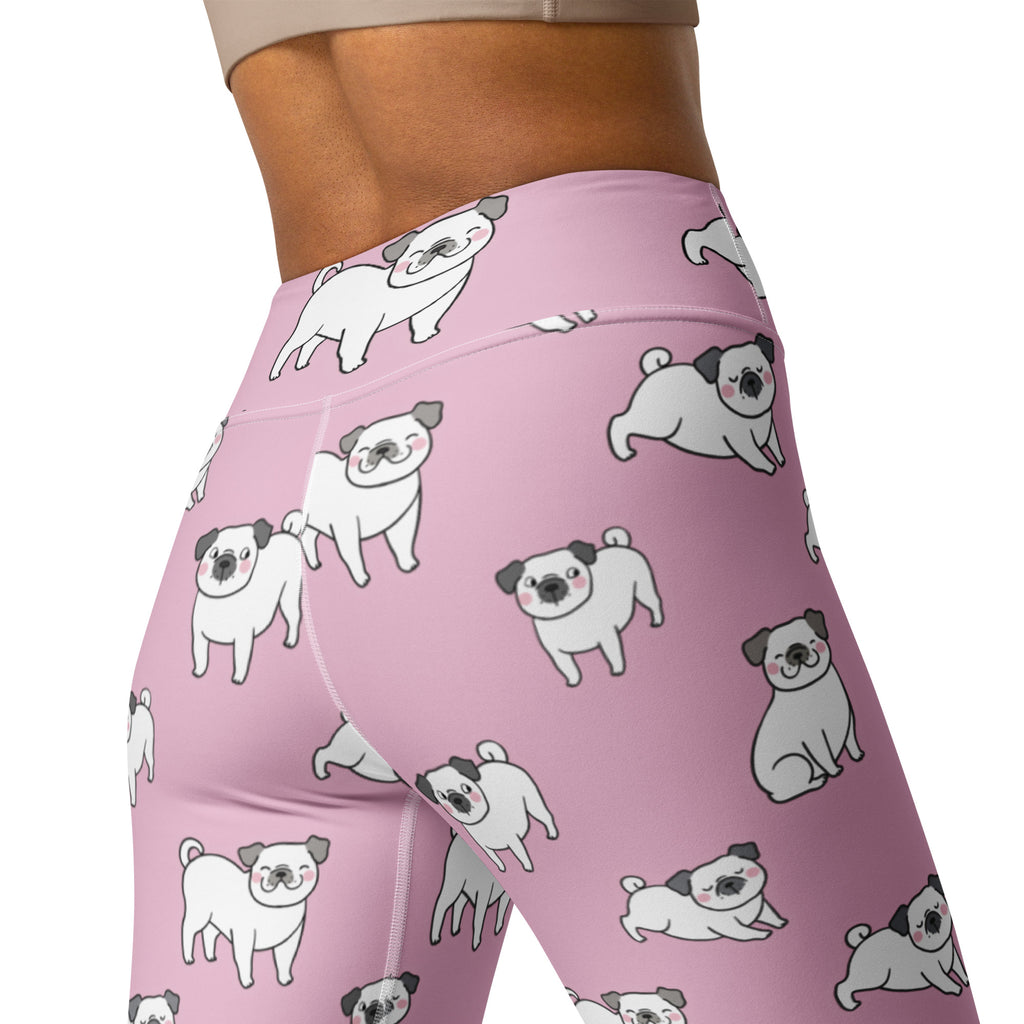 Women’s pink pug buttery soft high-waisted yoga leggings with playful white and gray cartoon pug pattern