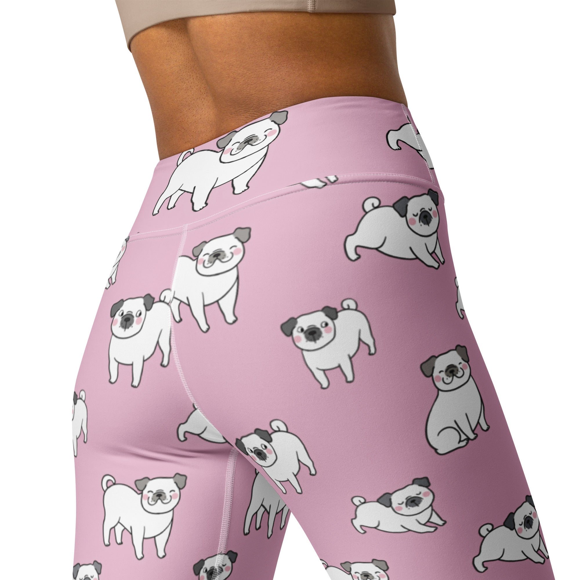 Women’s pink pug buttery soft high-waisted yoga leggings with playful white and gray cartoon pug pattern