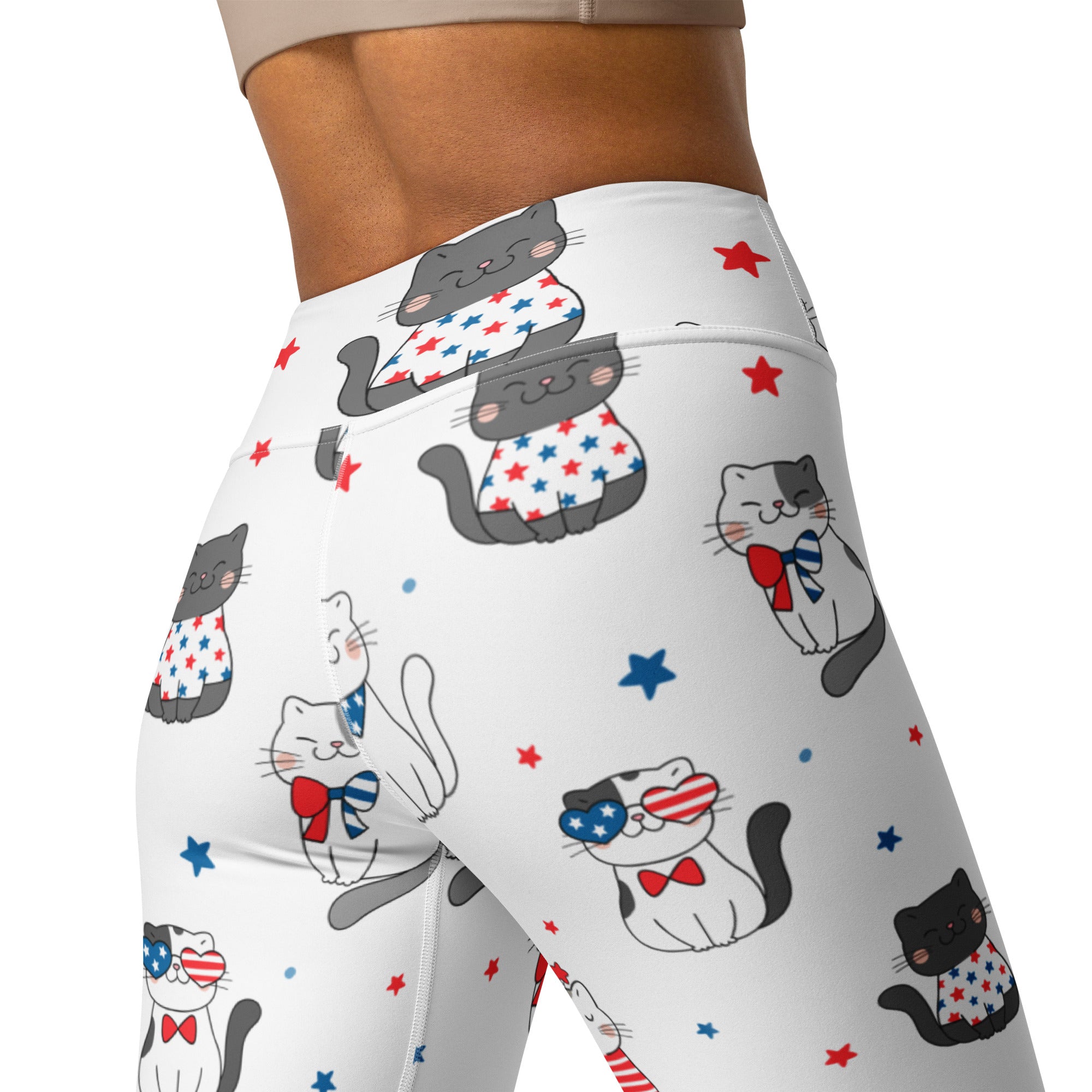 White high-waisted buttery soft yoga leggings with patriotic red white and blue cartoon cat pattern for women