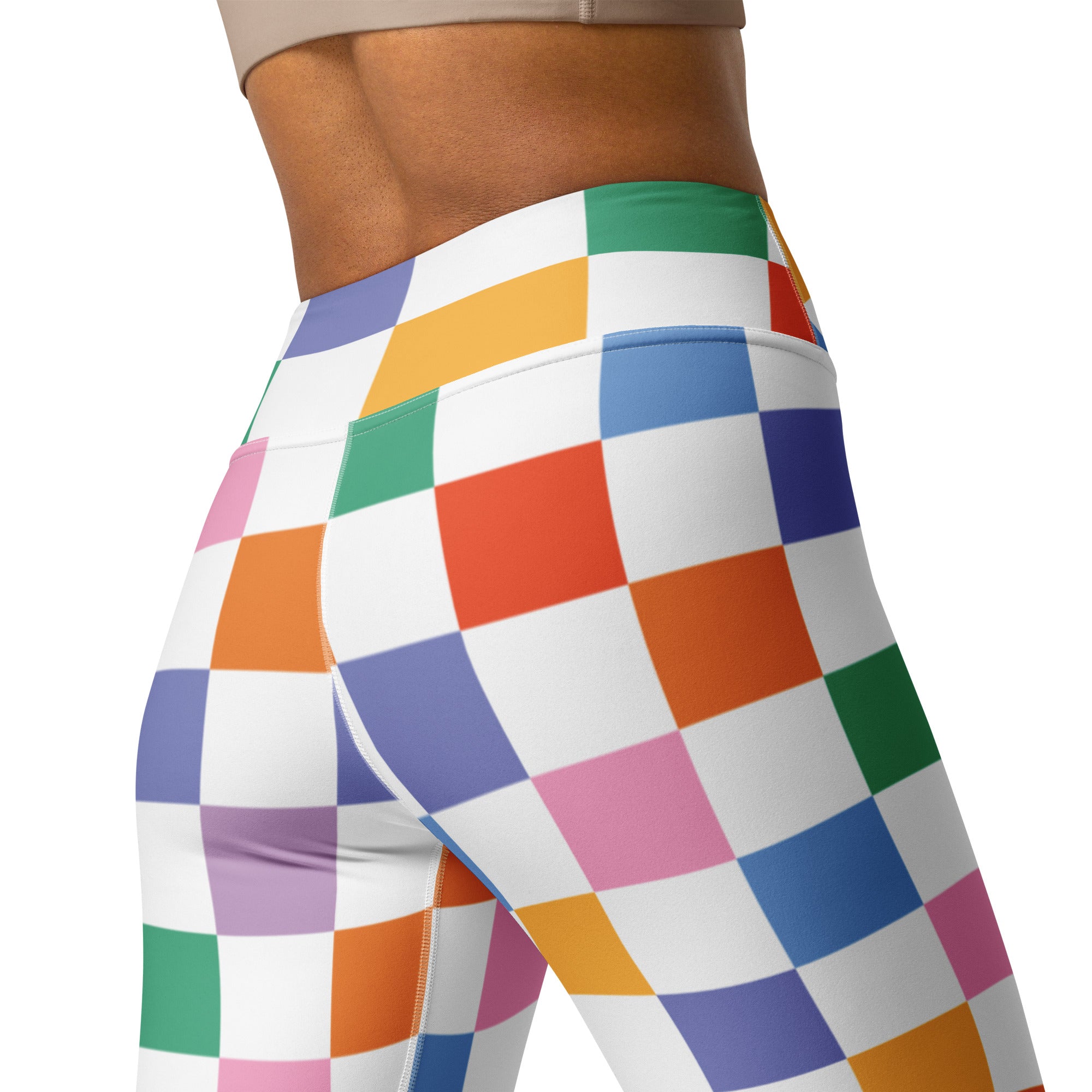 Women’s colorful checkered high-waisted buttery soft yoga leggings with a vibrant rainbow pattern