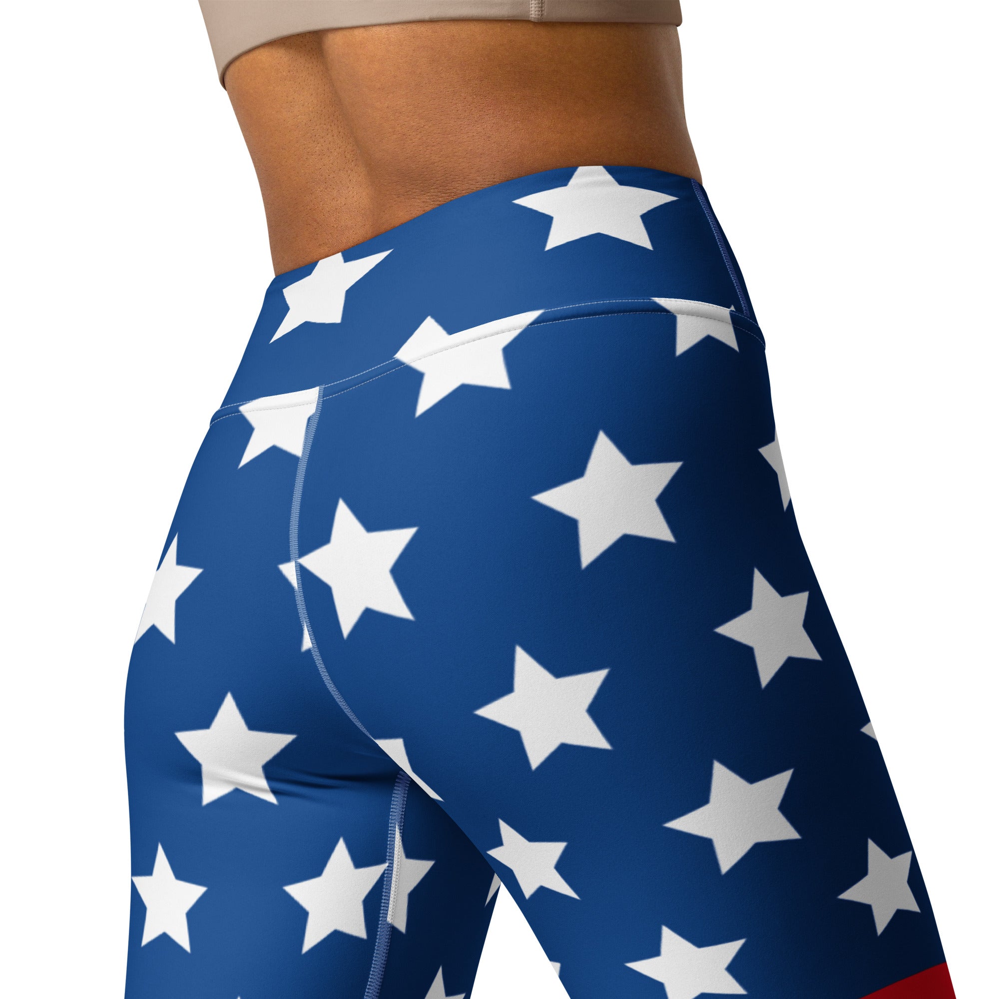 Women’s american flag buttery soft blue high-waisted leggings with white star pattern for yoga and fitness