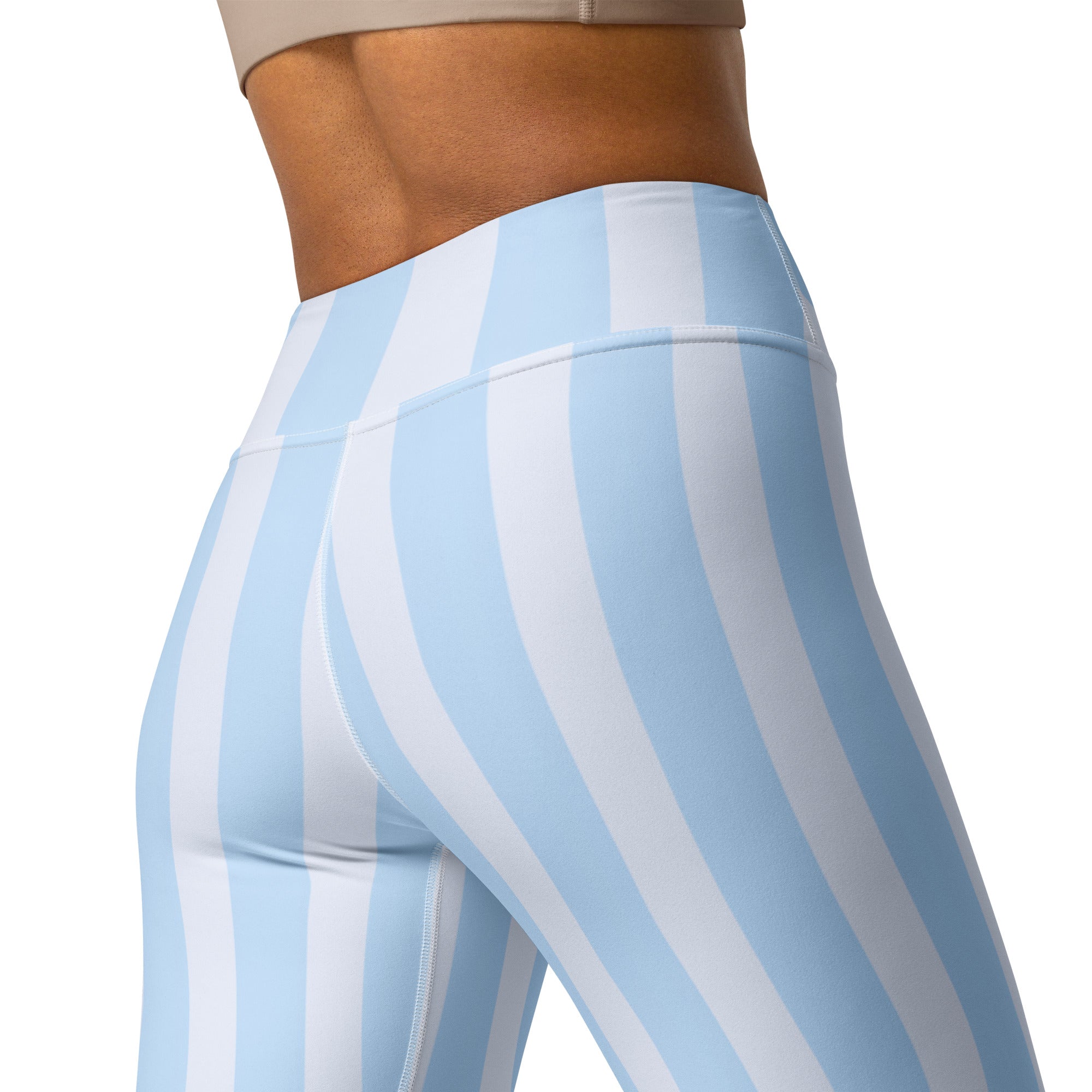 Women’s light blue and white striped high waisted buttery soft yoga leggings front view