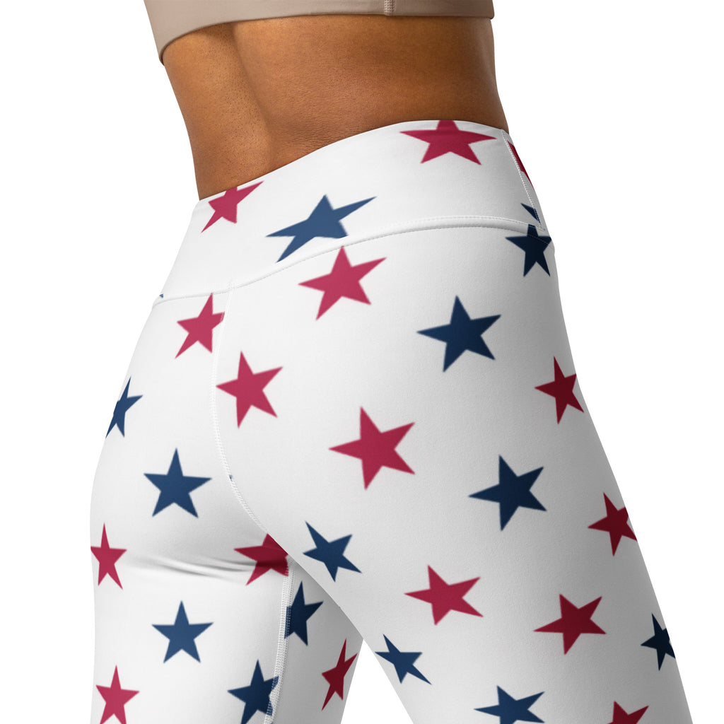 White high-waisted buttery soft yoga leggings with a playful red and navy blue star pattern for women