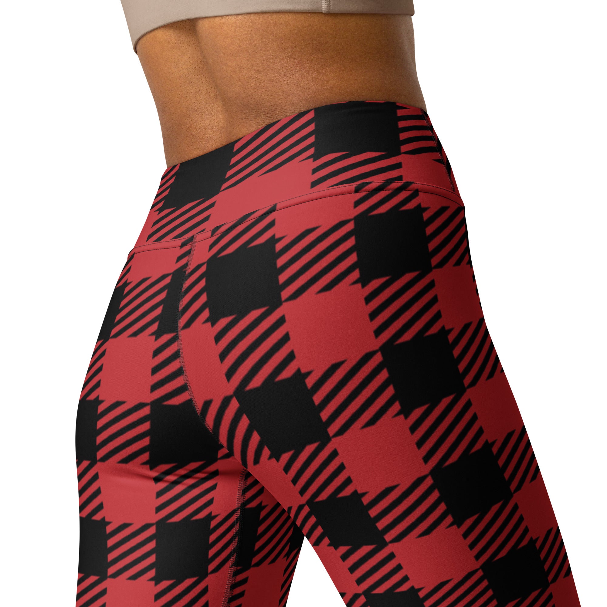 Women’s red buffalo plaid high-waisted leggings with buttery soft stretchy fabric and form-fitting design