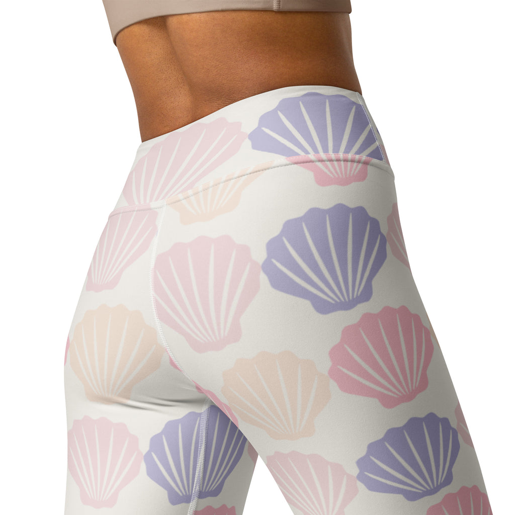 Women’s pastel seashell high-waisted leggings in soft pink lavender and cream buttery soft fabric for yoga and comfort