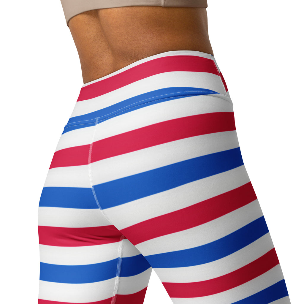 Women’s striped 4th of July buttery soft high-waisted yoga leggings with red white and blue horizontal stripes