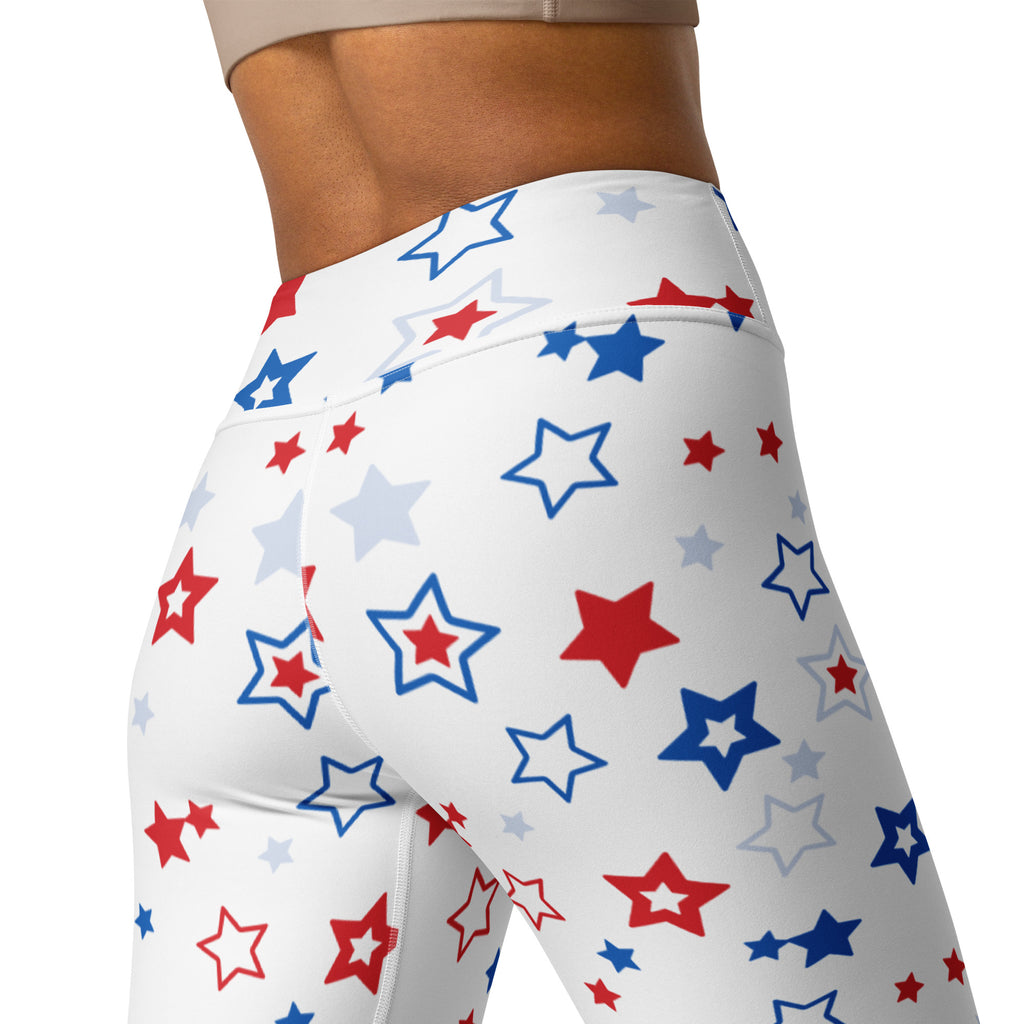 Women’s usa stars buttery soft white high-waisted leggings with vibrant red blue and gray star pattern