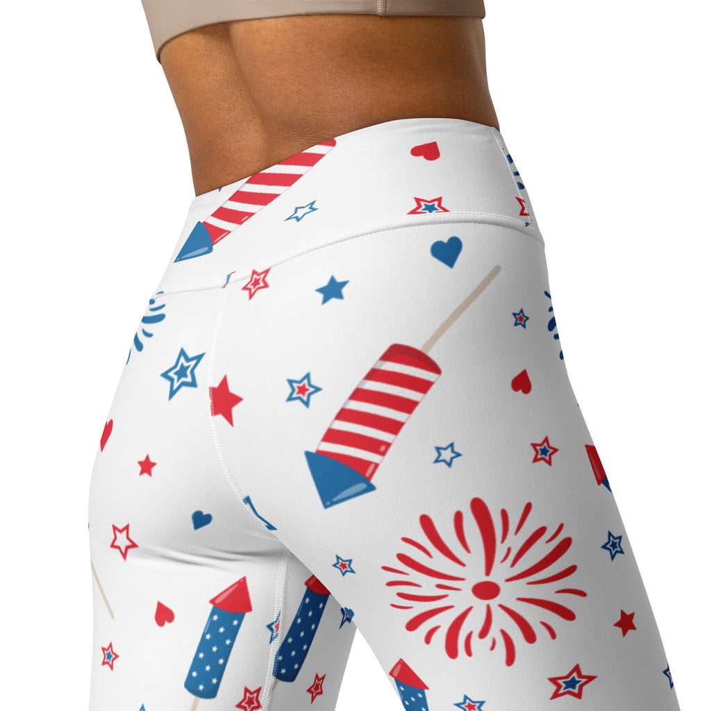 White high waisted buttery soft yoga leggings with festive red white and blue fireworks stars and hearts pattern