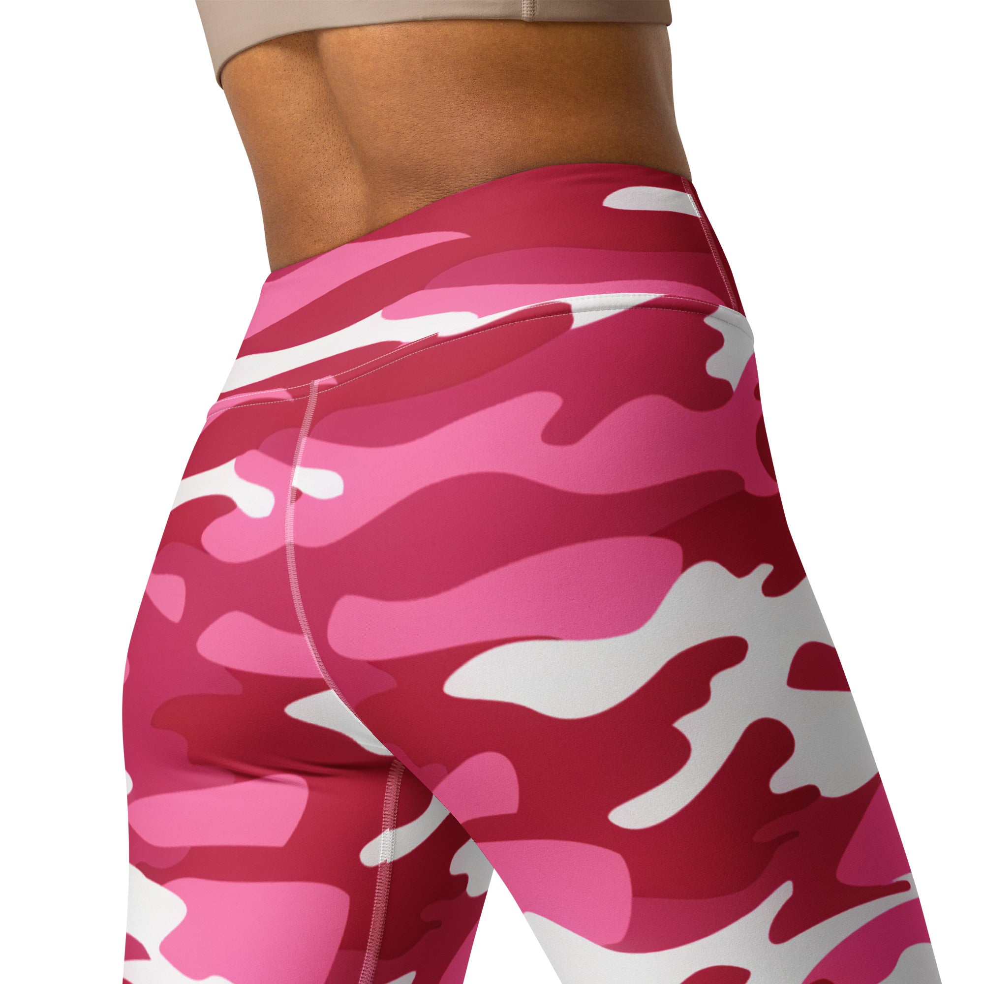 Women’s pink and white camouflage high-waisted buttery soft yoga leggings shown from the back side