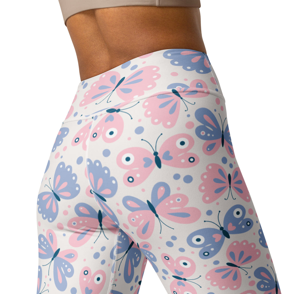 High-waisted women’s butterfly buttery soft yoga leggings with pink and blue cartoon butterflies on white background