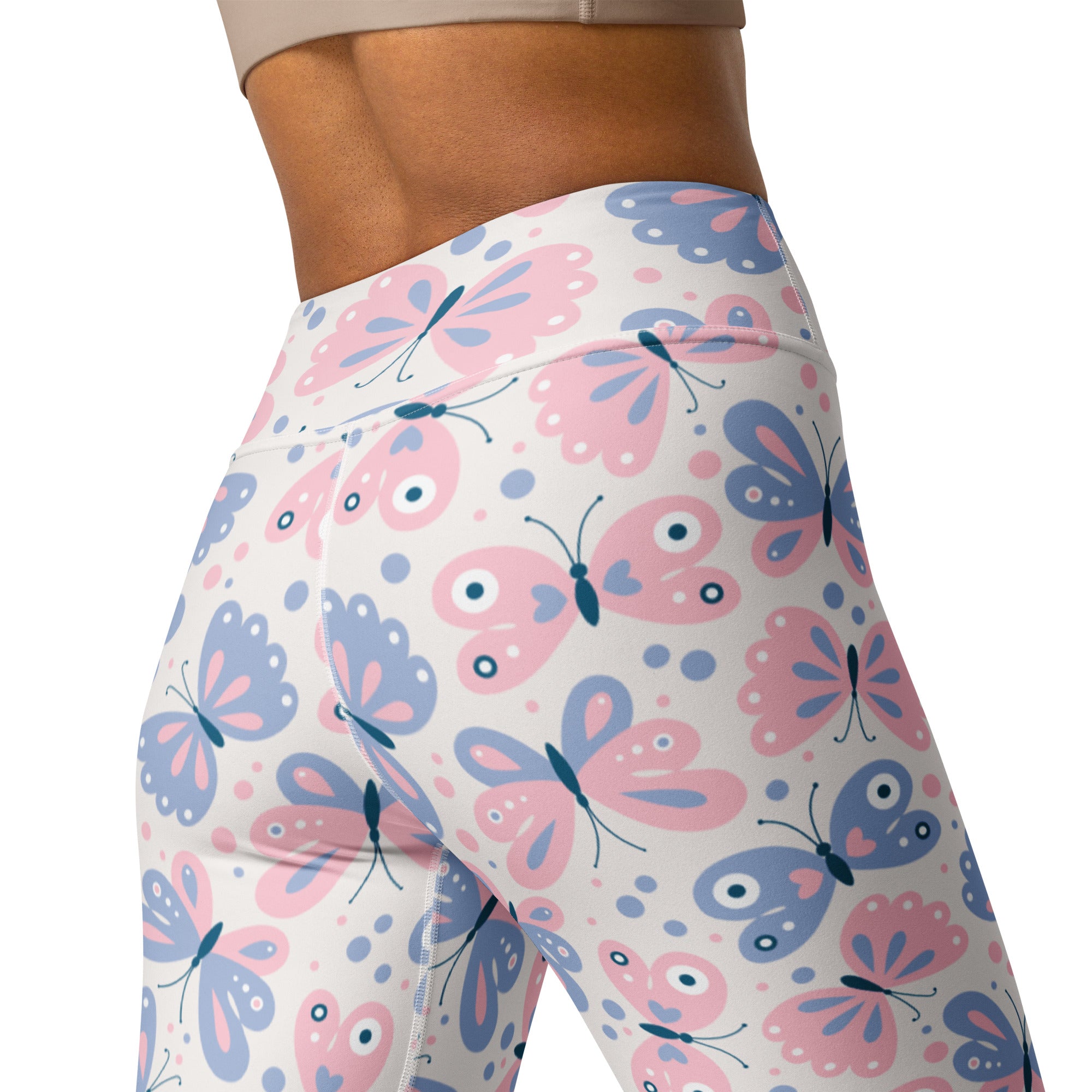 High-waisted women’s butterfly buttery soft yoga leggings with pink and blue cartoon butterflies on white background