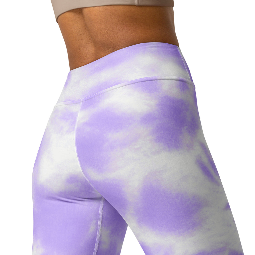 Women’s purple and white tie dye high waisted buttery soft yoga leggings shown from the back side